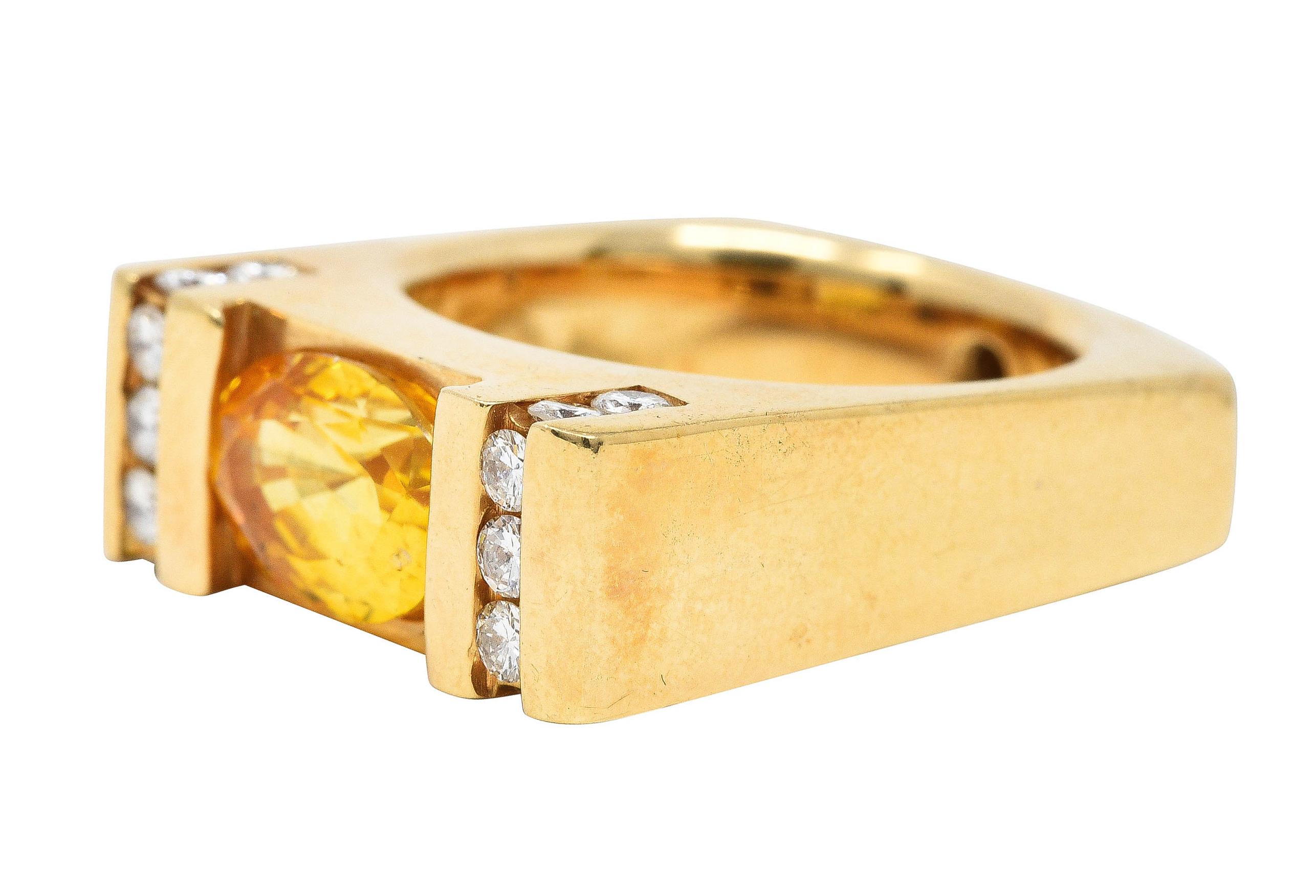 Modern 3.45 Carats Yellow Sapphire Diamond 14 Karat Gold Cushion Band Ring 2