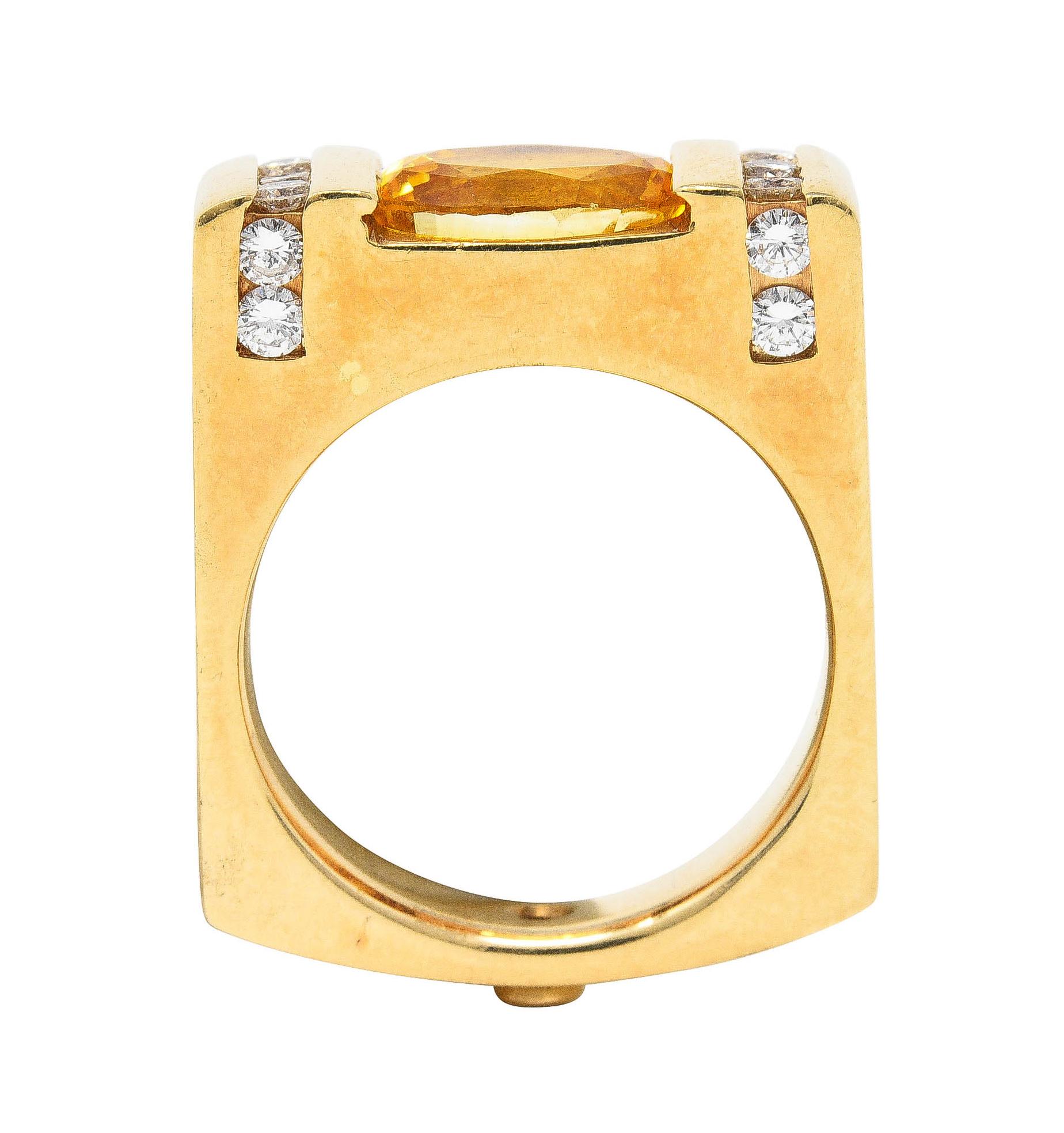 Modern 3.45 Carats Yellow Sapphire Diamond 14 Karat Gold Cushion Band Ring 3