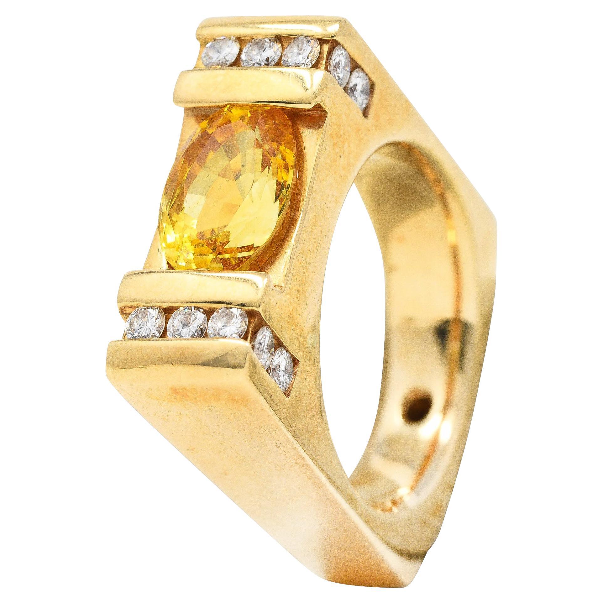 Modern 3.45 Carats Yellow Sapphire Diamond 14 Karat Gold Cushion Band Ring