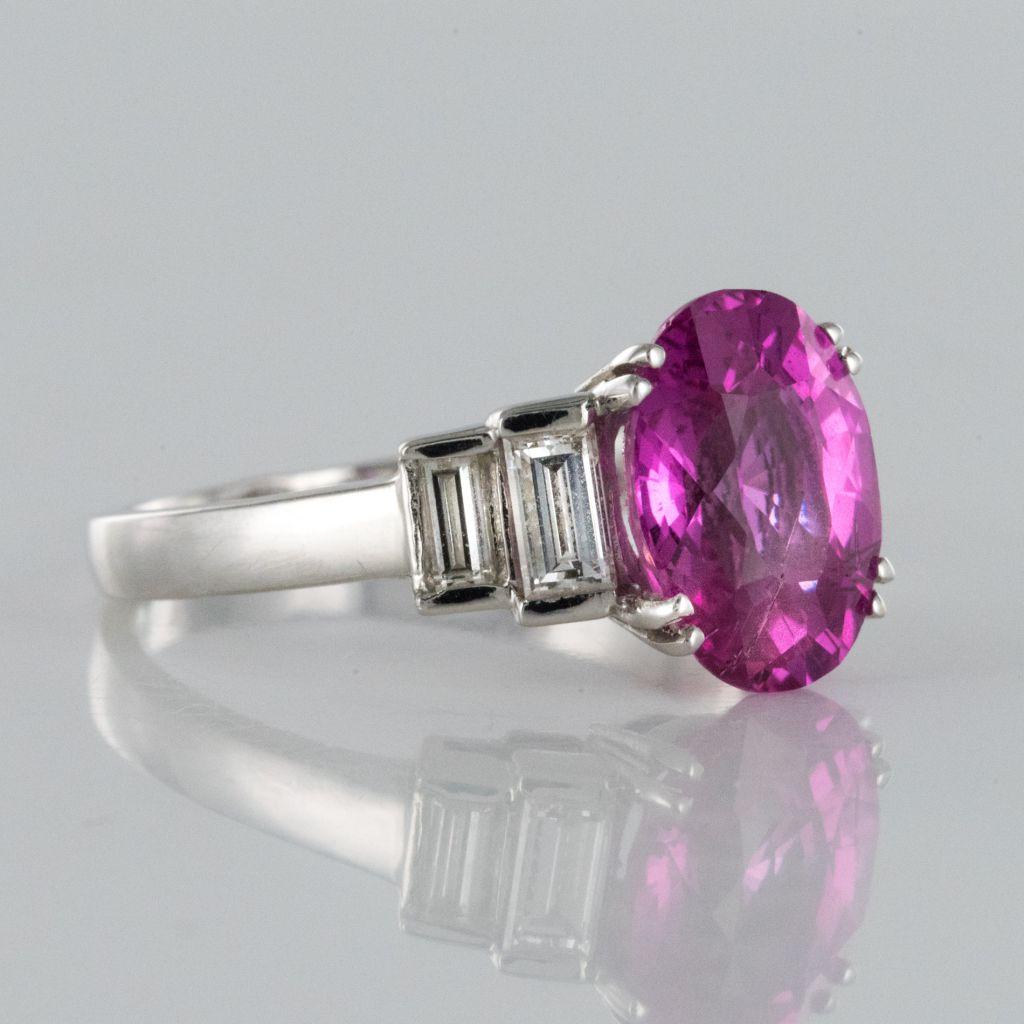 Women's Modern 3.55 Carat Pink Sapphire and Baguette Cut Diamond Ring