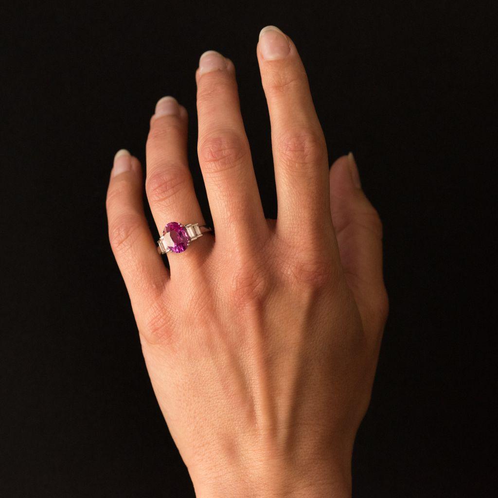 Modern 3.55 Carat Pink Sapphire and Baguette Cut Diamond Ring 1