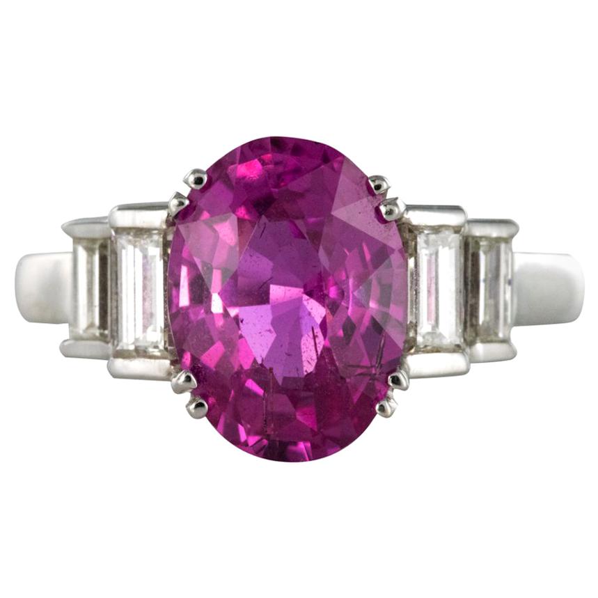 Modern 3.55 Carat Pink Sapphire and Baguette Cut Diamond Ring