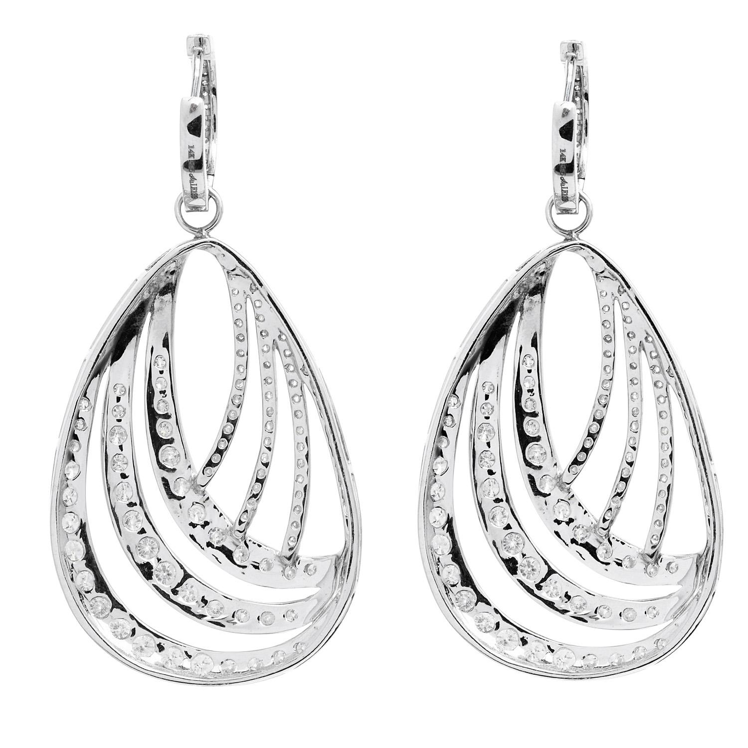 Round Cut Modern 3.79 Carats Diamond White Gold Day & Night Dangle Earrings For Sale