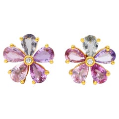 Modern 3.84 Carat Diamond Pear Cut Sapphire 18 Karat Gold Pastel Flower Earrings