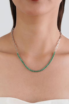 Modern 3.85ct Round Emerald Tennis Necklace with Paperclip Chain 18K White Gold