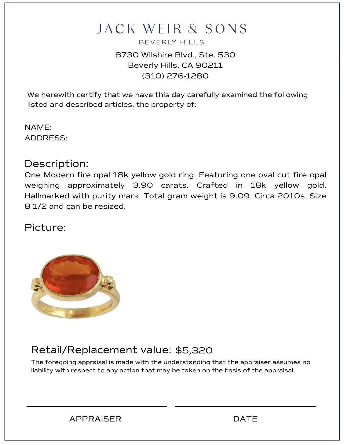 Modern 3.90 carat fire opal 18k yellow gold east-west bezel ring in vendita 1
