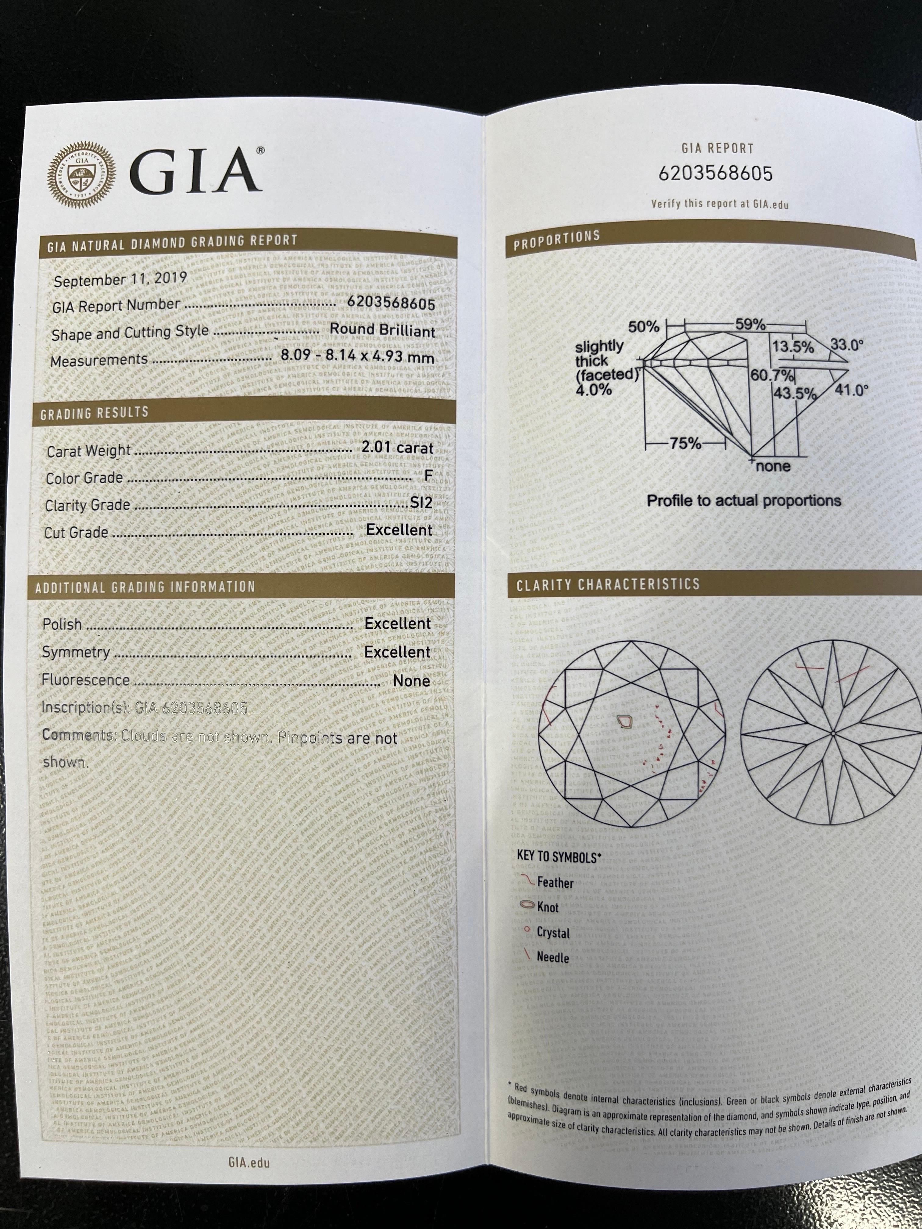 Modern 4.13 Carat Natural GIA Certified F Color Round Brilliant Diamond Studs. The diameter of these diamonds are approx 8.1mm, making it face-up larger than the average two carat round. 

The first stone is a 2.01 carat F color,  SI2 clarity,