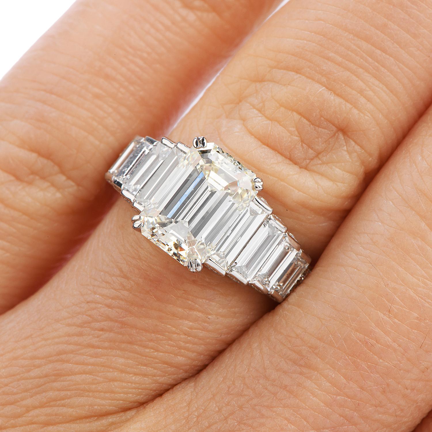 Women's or Men's Modern 4.75 Carat Emerald-Cut Diamond Platinum Gold Engagement Ring