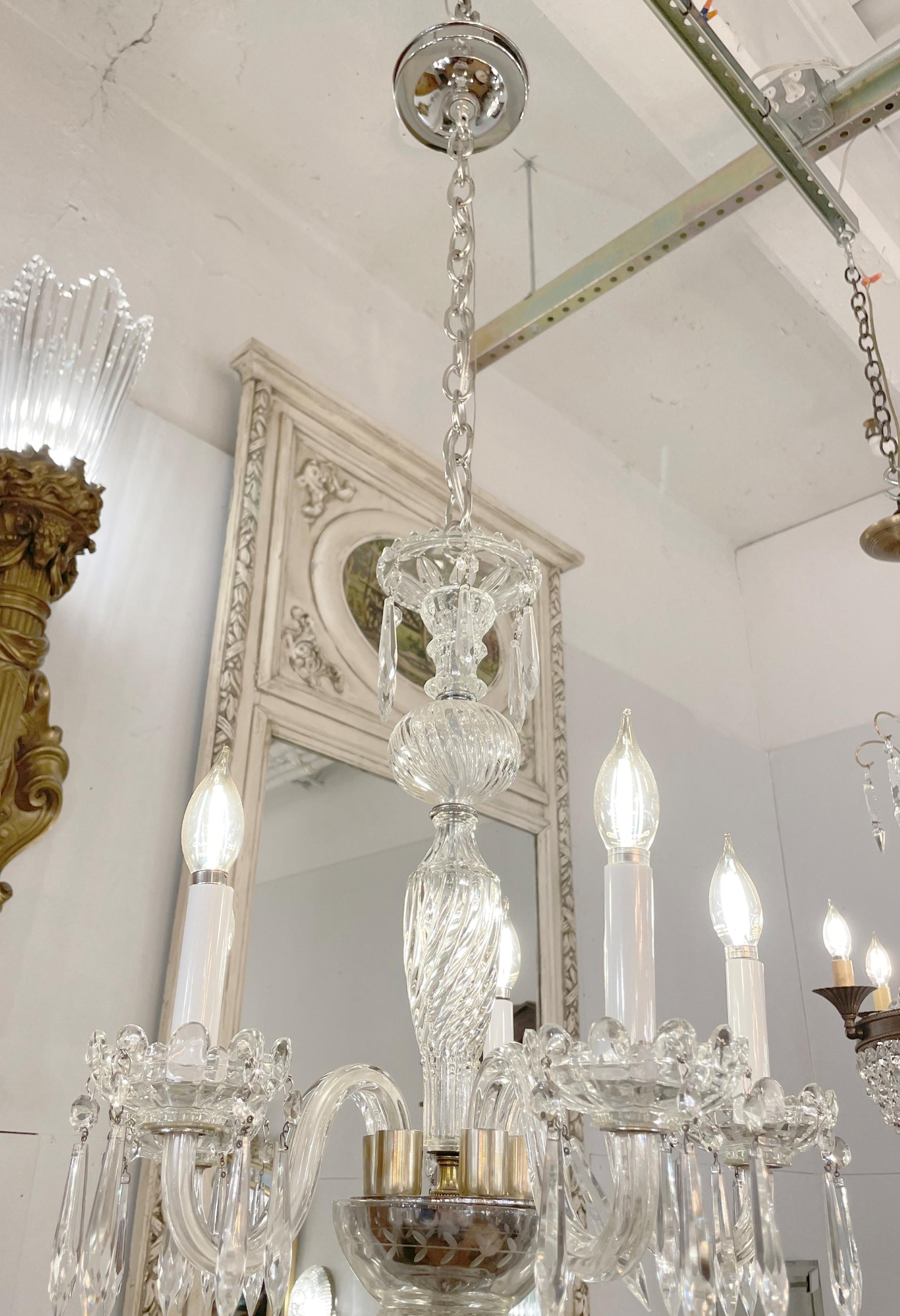 Modern 5 Arm Clear Crystal Chrome Accented Chandelier In Good Condition For Sale In New York, NY