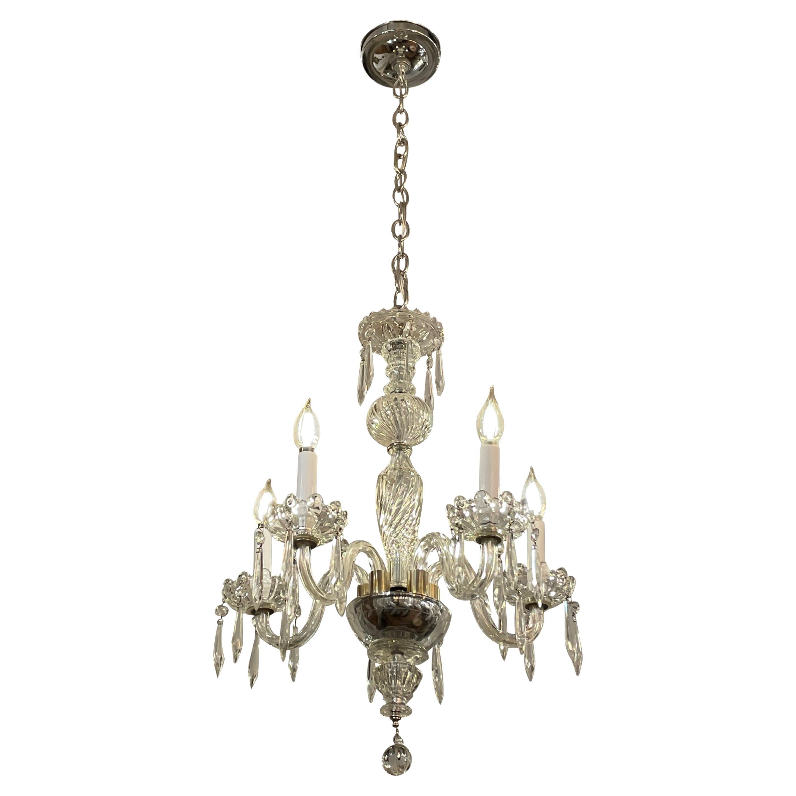 Modern 5 Arm Clear Crystal Chrome Accented Chandelier For Sale