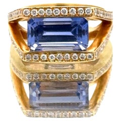 Modern 5-Carat Emerald Cut Natural Blue Sapphire Diamond 18K Yellow Gold Ring