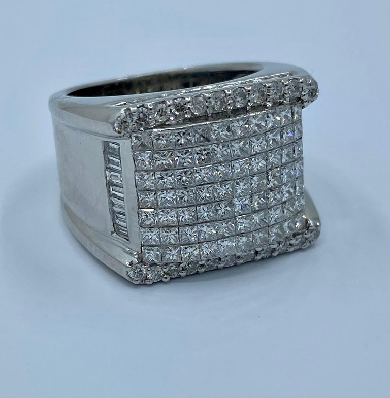 Women's or Men's Modern 5 Carat Princess, Baguette and Round Diamond Unisex Heavy White Gold Ring For Sale