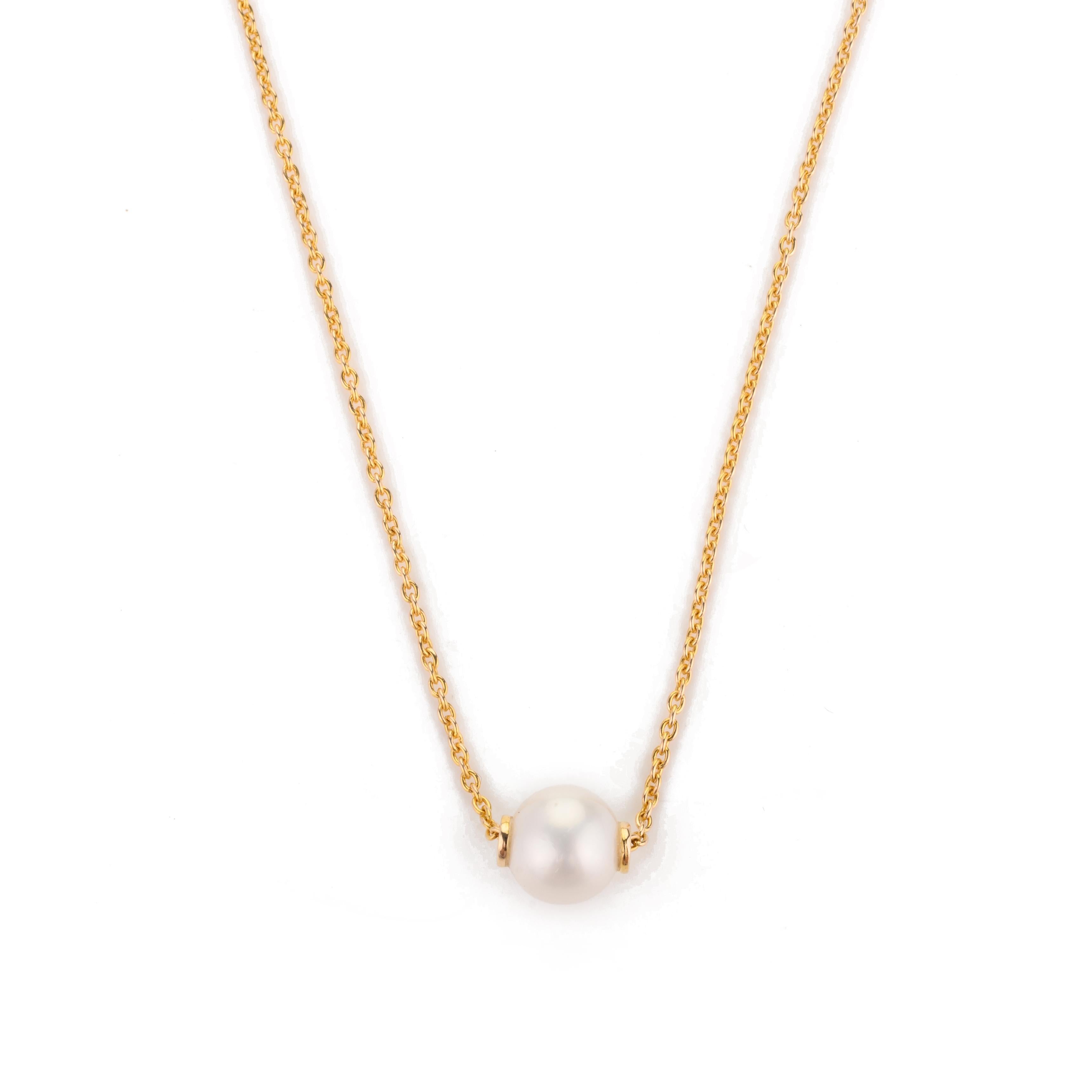Modern 5 Carat Single Pearl Chain Necklace in 18k Solid Yellow Gold For Sale 2