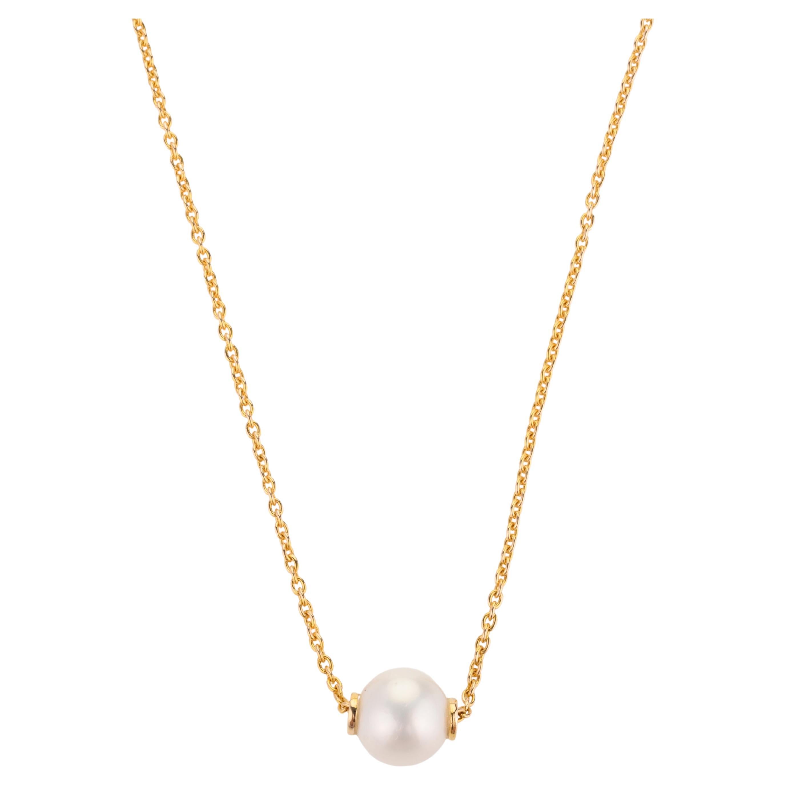 Modern 5 Carat Single Pearl Chain Necklace in 18k Solid Yellow Gold For Sale