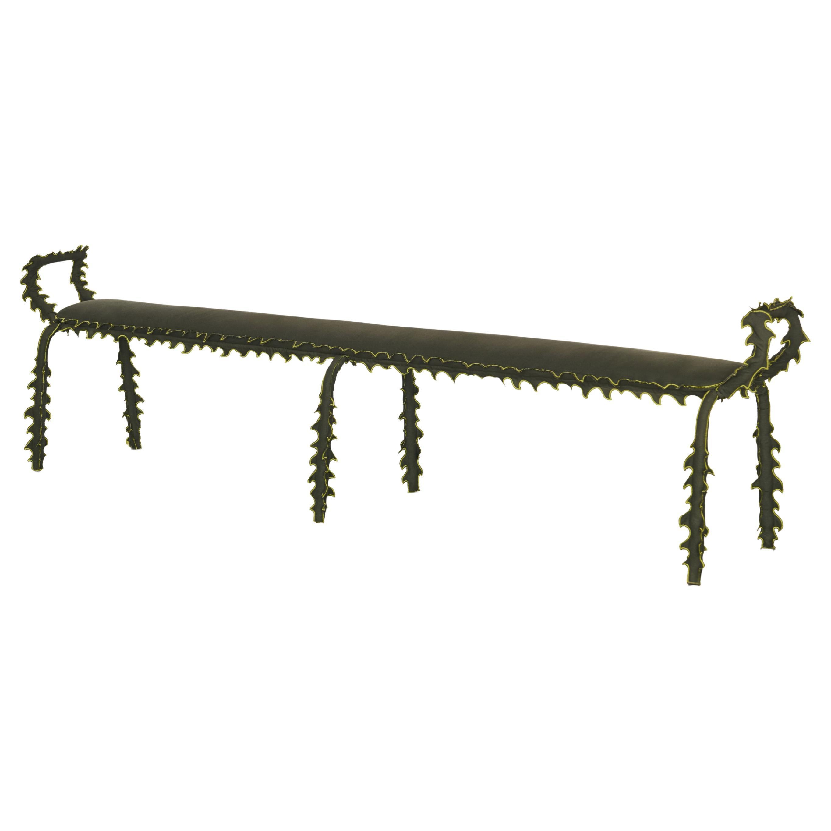 Modern 5-seater Bench, Forest Green Cotton, Spiked Biomorphic Surface, by ESTO