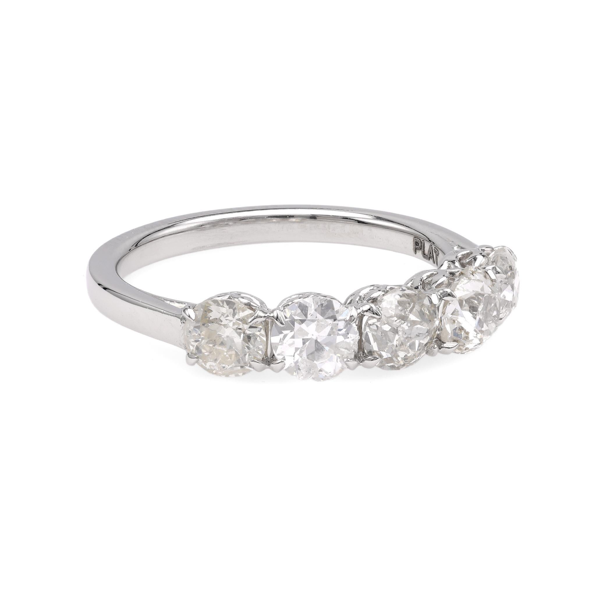 Old European Cut Modern 5 Stone Diamond Platinum Wedding Band For Sale