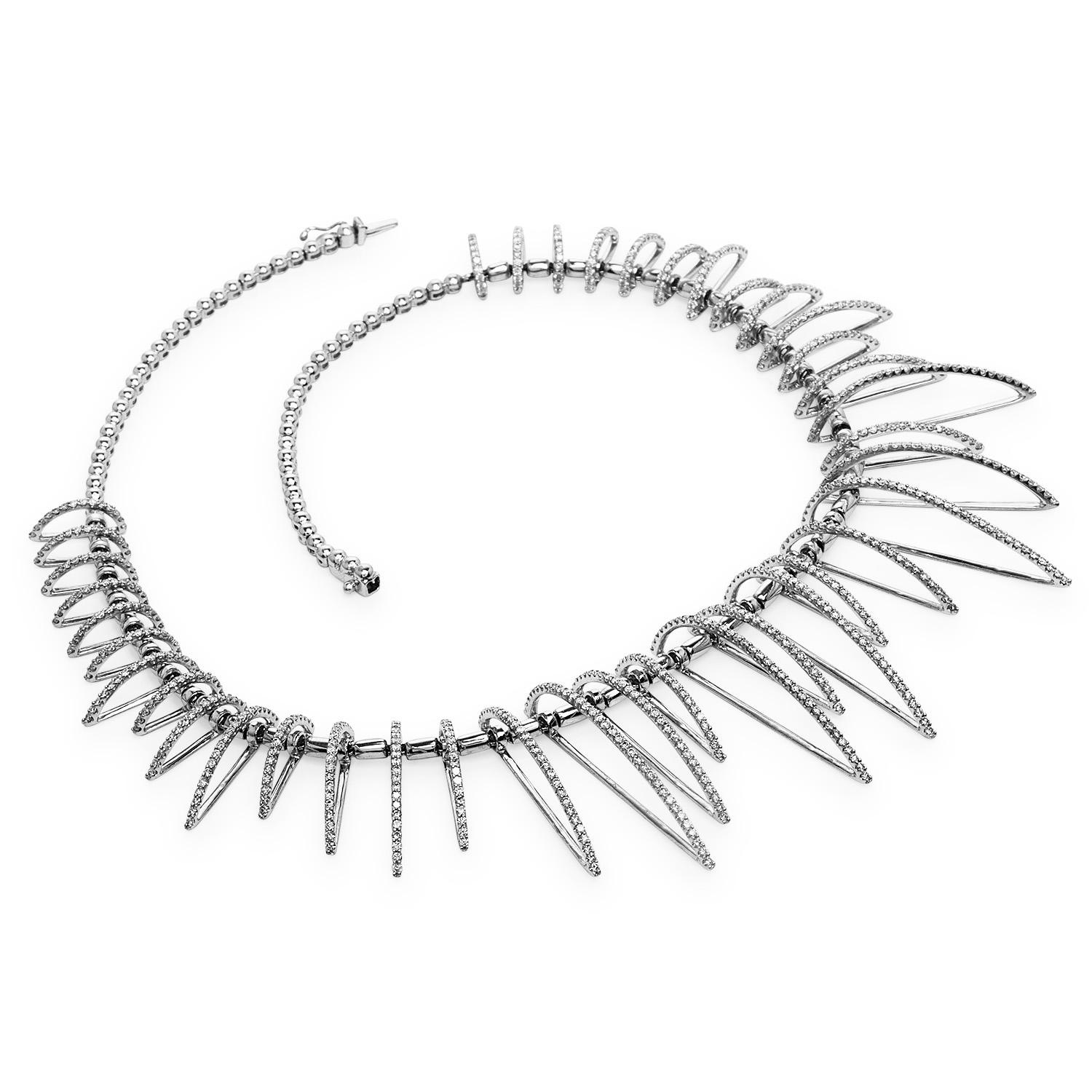 Exquisite Modern elongated open link style necklace, perfect to celebrate any occasion and to match diamond hoops earrings.

Crafted in solid 18K white gold, this necklace has 39 half hoop graduated links, all accented by round-cut, pave-set