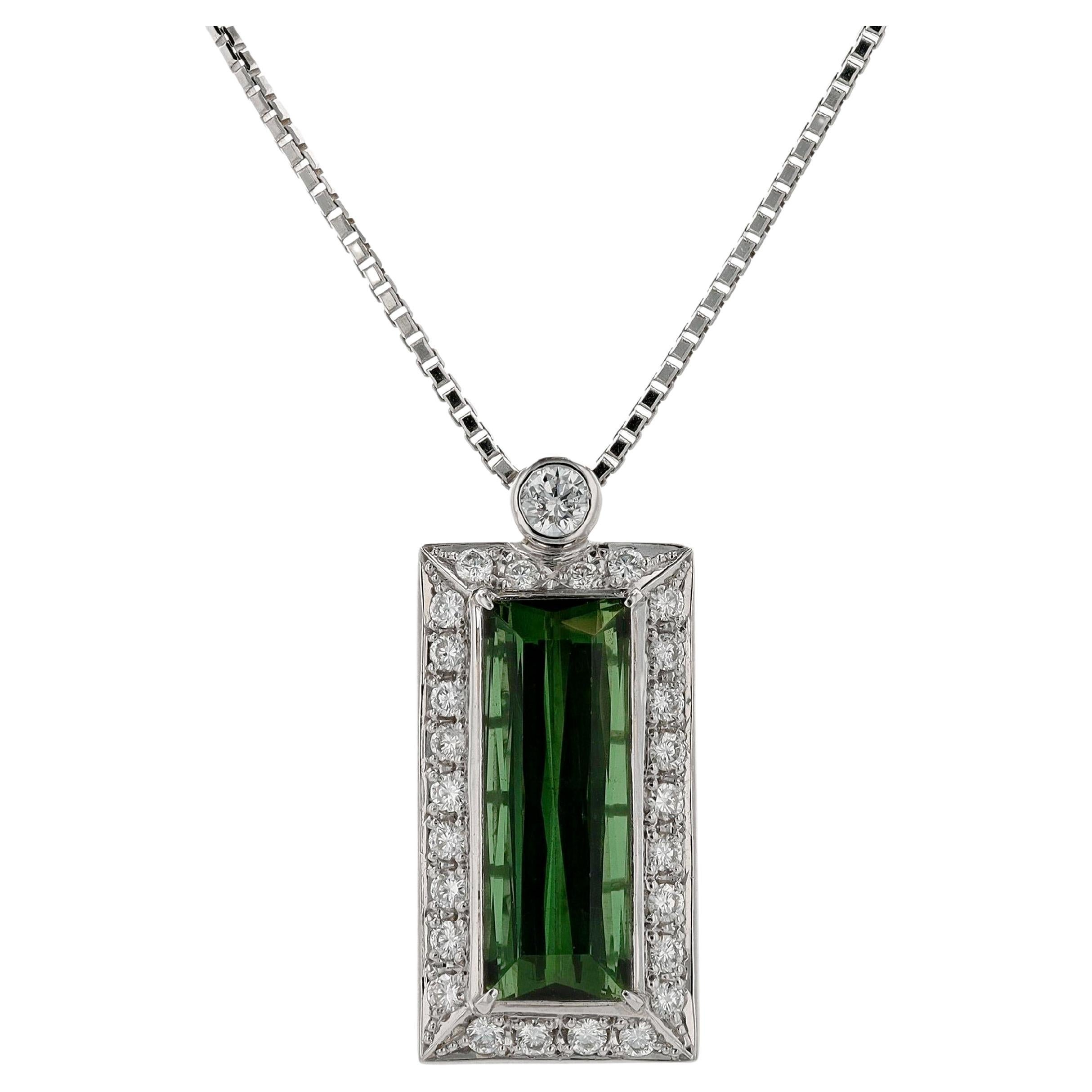 Modern 6 Carat Emerald Cut Green Tourmaline Diamond Pendant Necklace For Sale