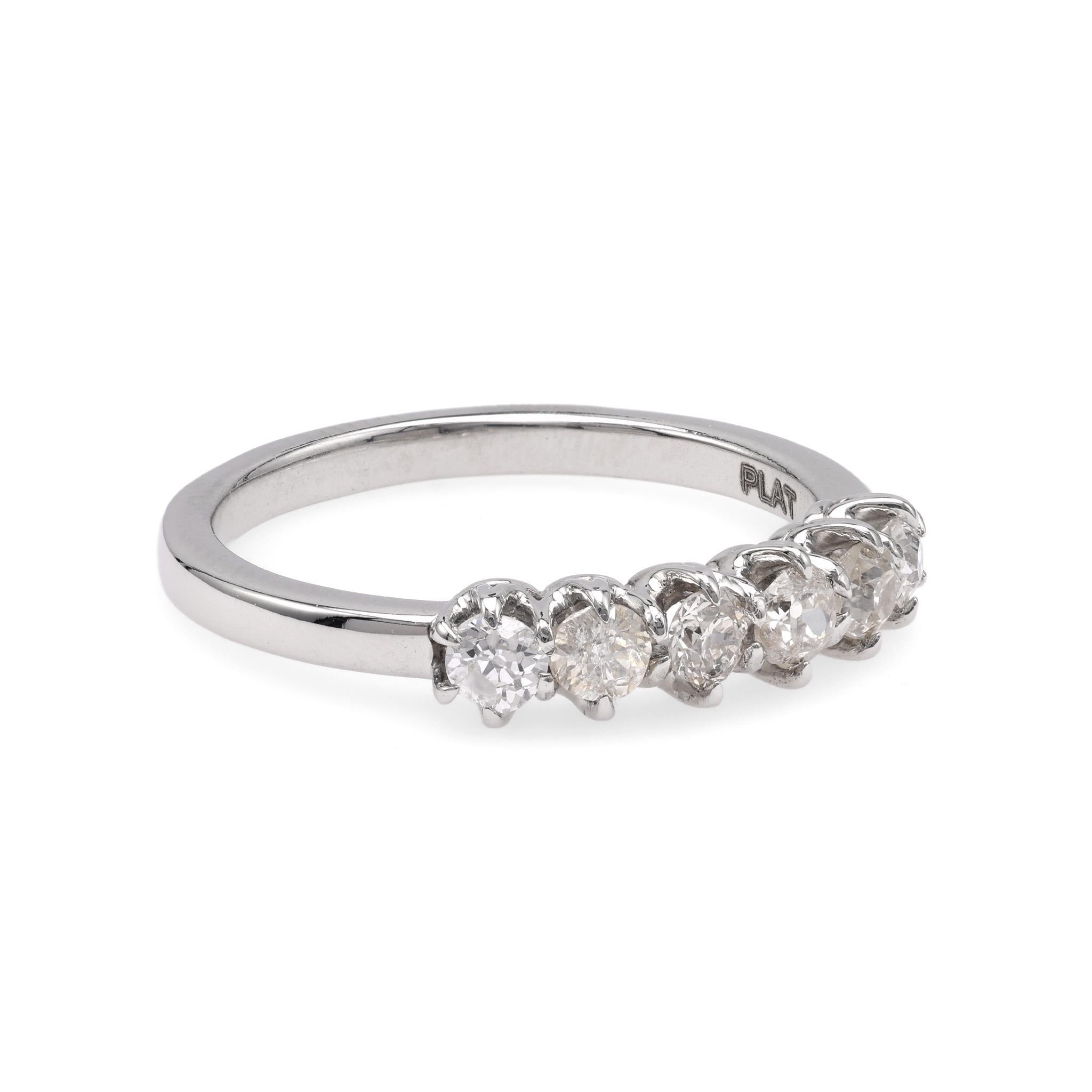 Old European Cut Modern 6 Stone Diamond Platinum Wedding Band For Sale