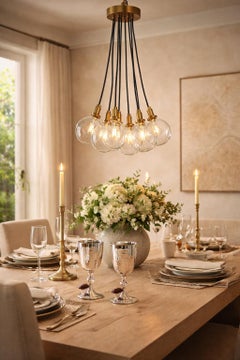 Modern 7-Light Cluster Chandelier with Oversized Glass Globes and Satin Brass
