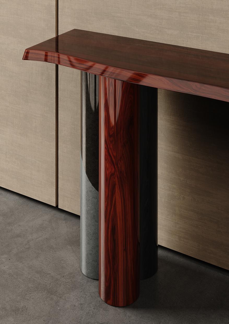 Portuguese Modern 70's Retro Console Table Palissander Wood, Red, Black & Grey Lacquered For Sale