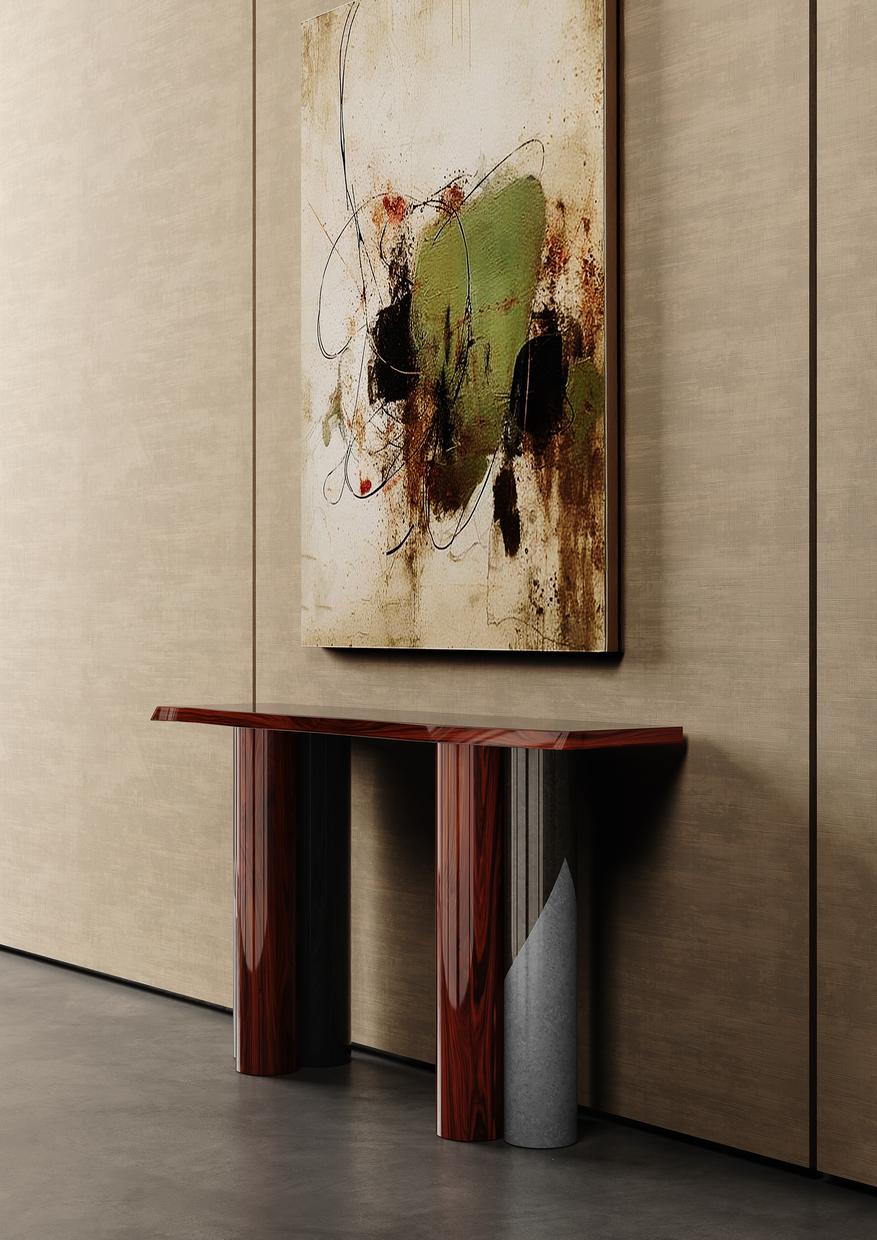 Polished Modern 70's Retro Console Table Palissander Wood, Red, Black & Grey Lacquered For Sale