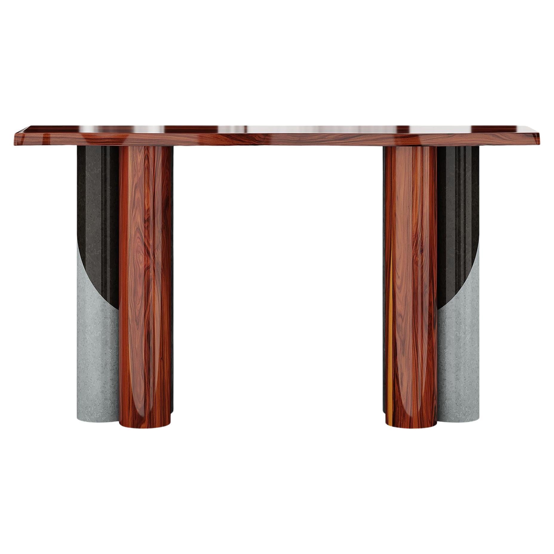 Tavolo consolle retrò moderno anni '70 in legno di palissandro, laccato rosso, nero e grigio