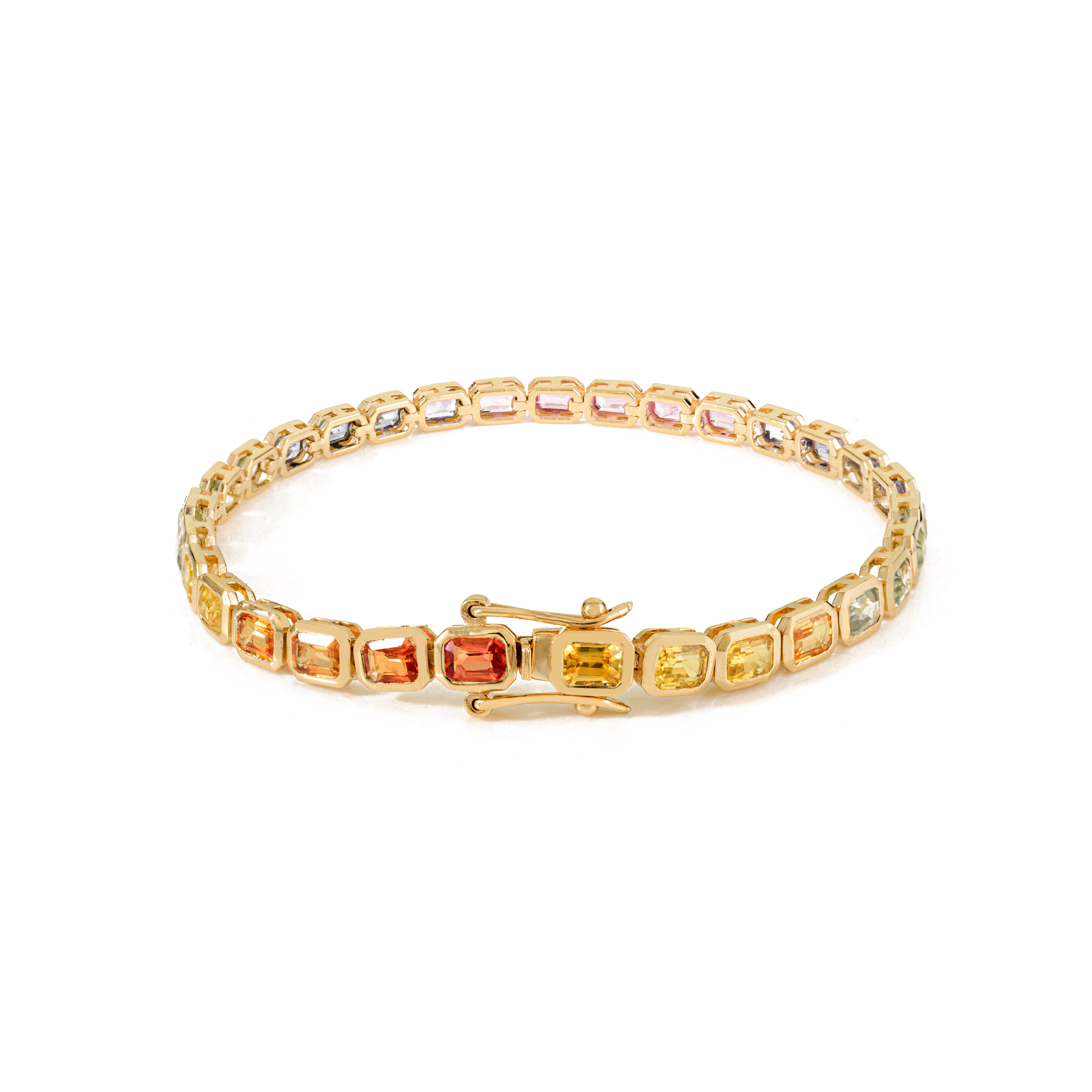 Modern 7.19 Carat Octagon Cut Multi-Sapphire Tennis Bracelet in 14k Yellow Gold In New Condition For Sale In New York, NY