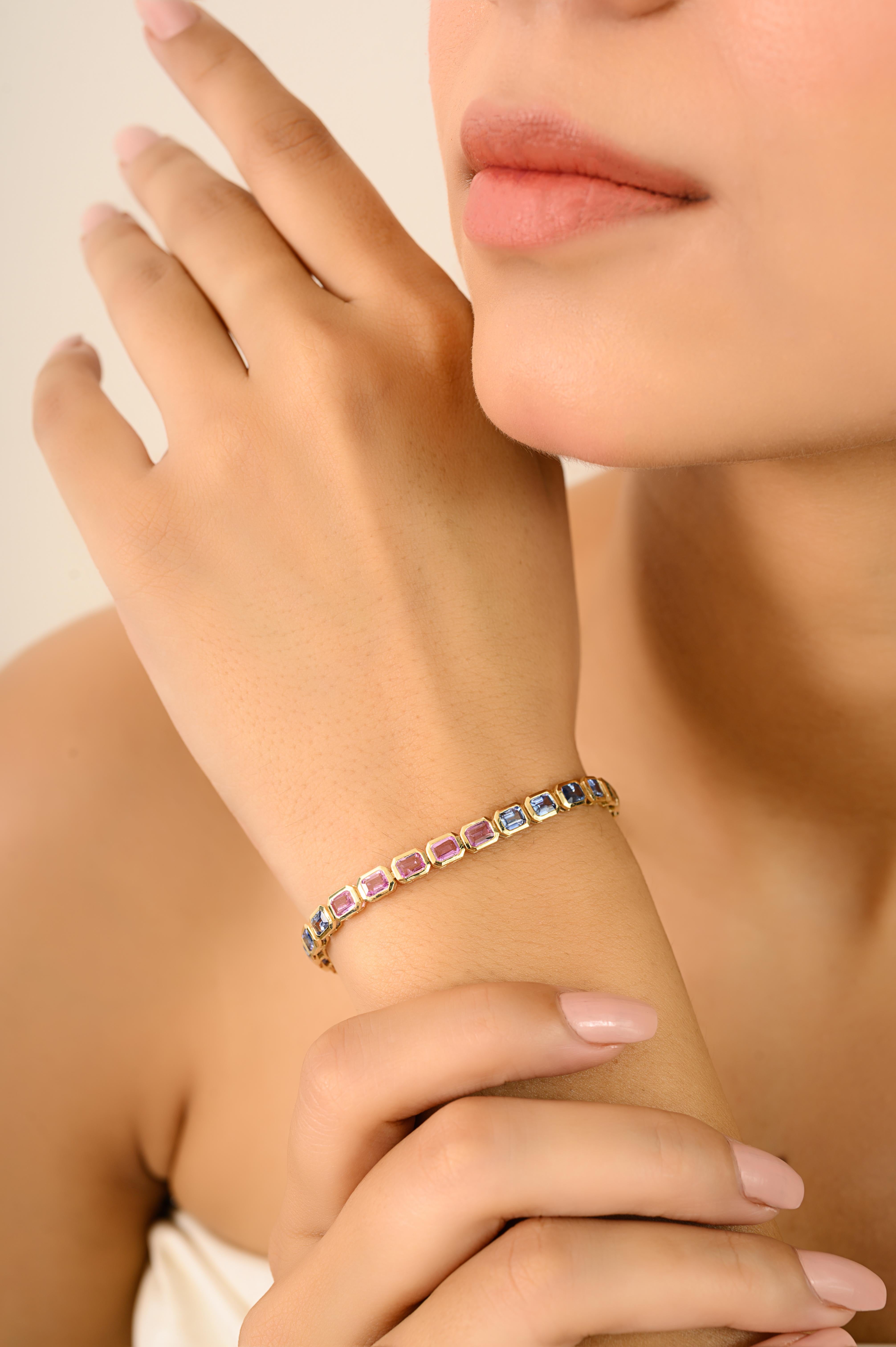 Women's Modern 7.19 Carat Octagon Cut Multi-Sapphire Tennis Bracelet in 14k Yellow Gold For Sale