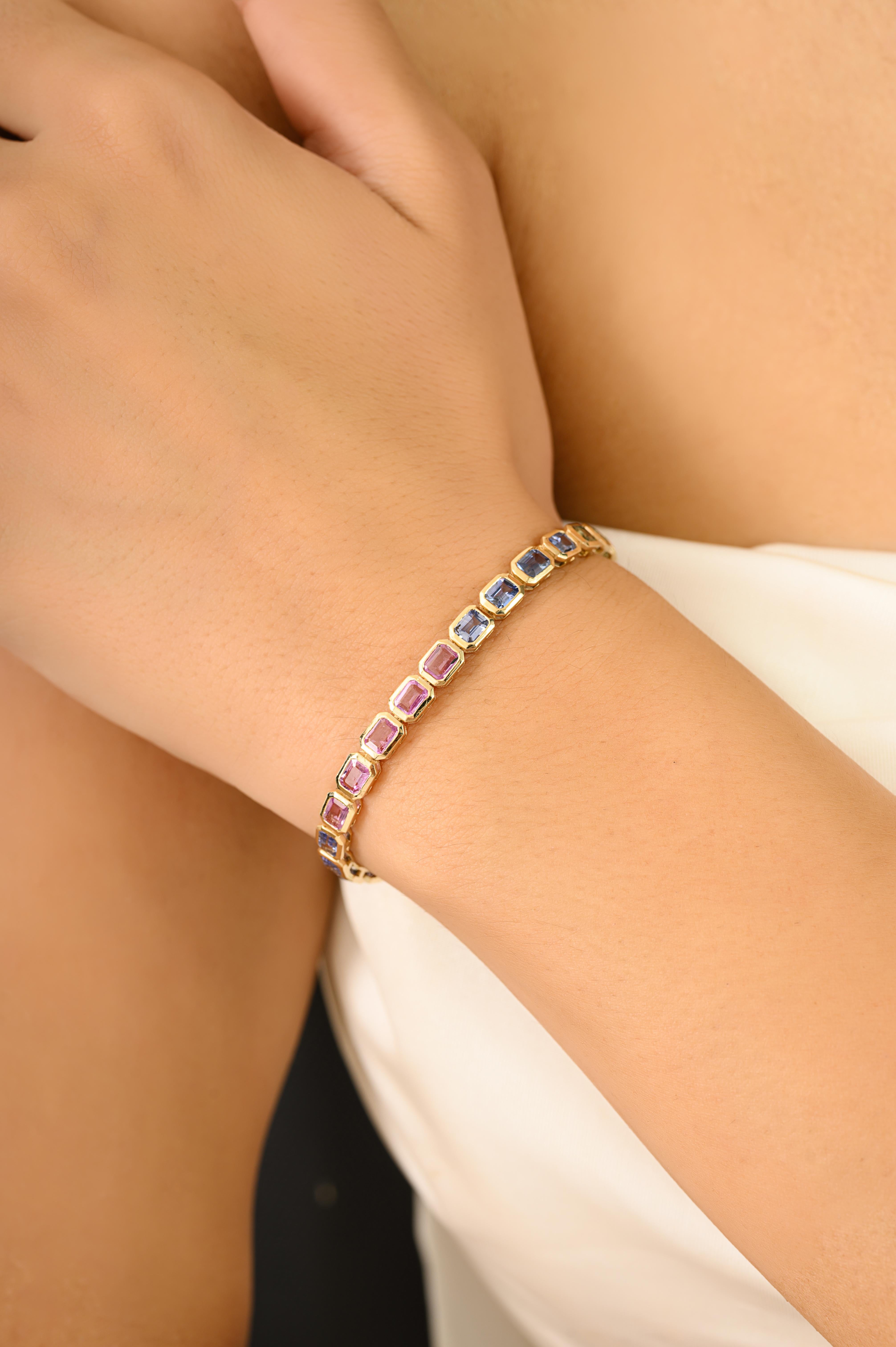 Modern 7.19 Carat Octagon Cut Multi-Sapphire Tennis Bracelet in 14k Yellow Gold For Sale 2