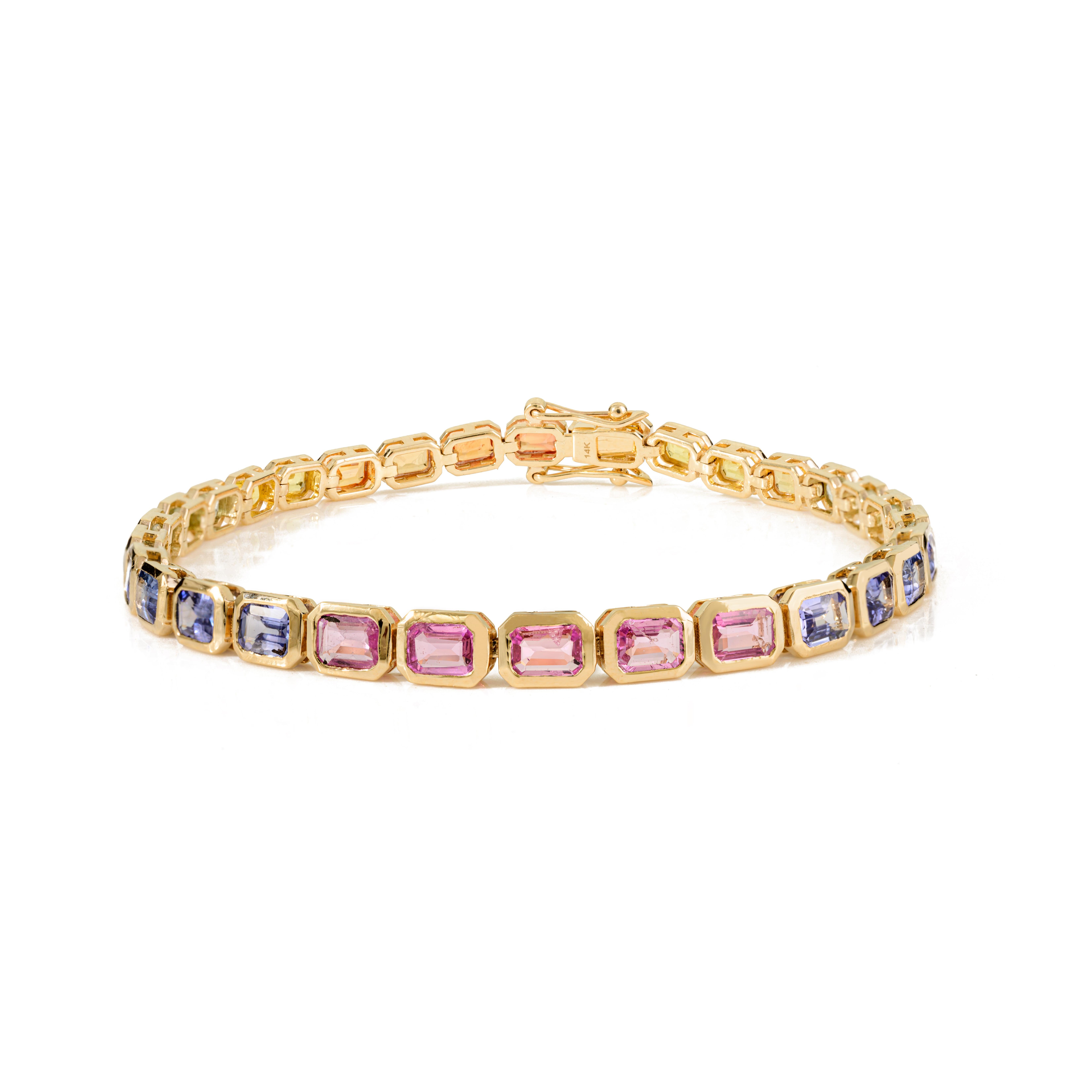Modern 7.19 Carat Octagon Cut Multi-Sapphire Tennis Bracelet in 14k Yellow Gold For Sale 3