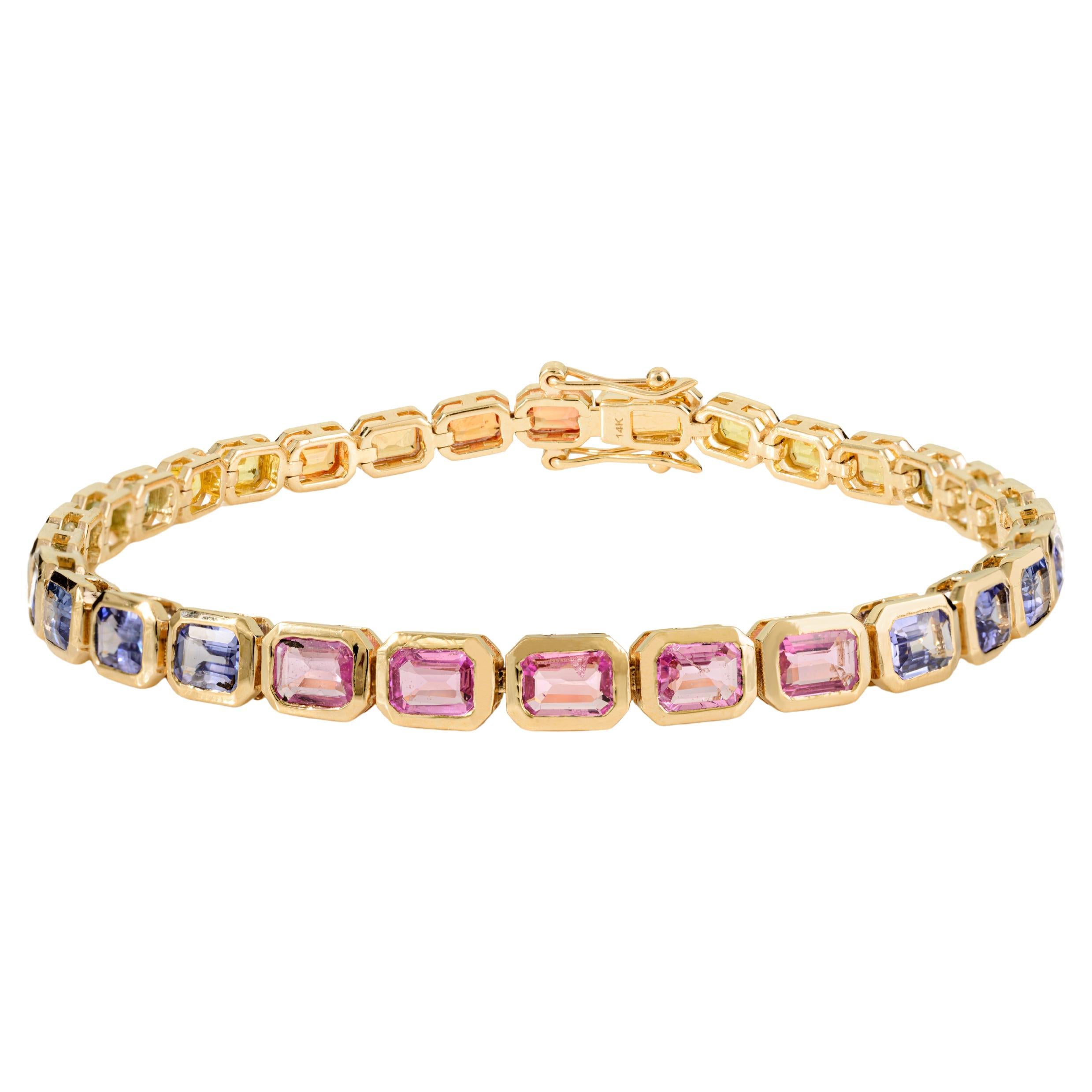 Modern 7.19 Carat Octagon Cut Multi-Sapphire Tennis Bracelet in 14k Yellow Gold For Sale