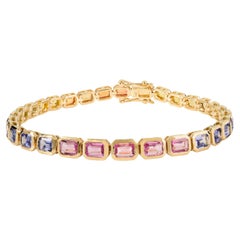 Modern 7.19 Carat Octagon Cut Multi-Sapphire Tennis Bracelet in 14k Yellow Gold