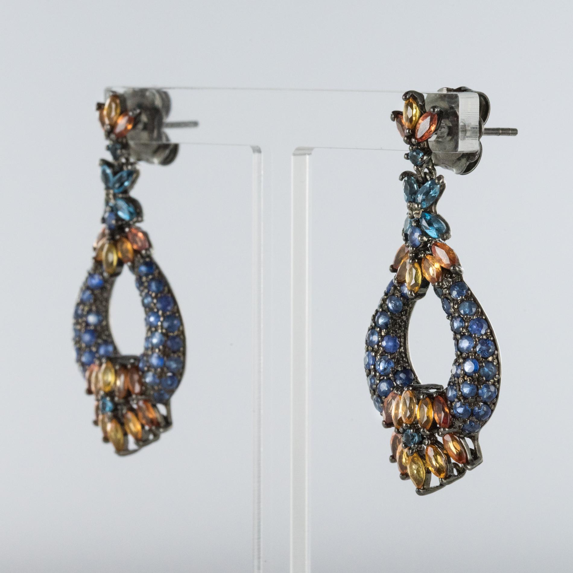 Modern 7.50 Carat Orange and Blue Sapphire Topaz Silver Dangle Earrings In New Condition In Poitiers, FR