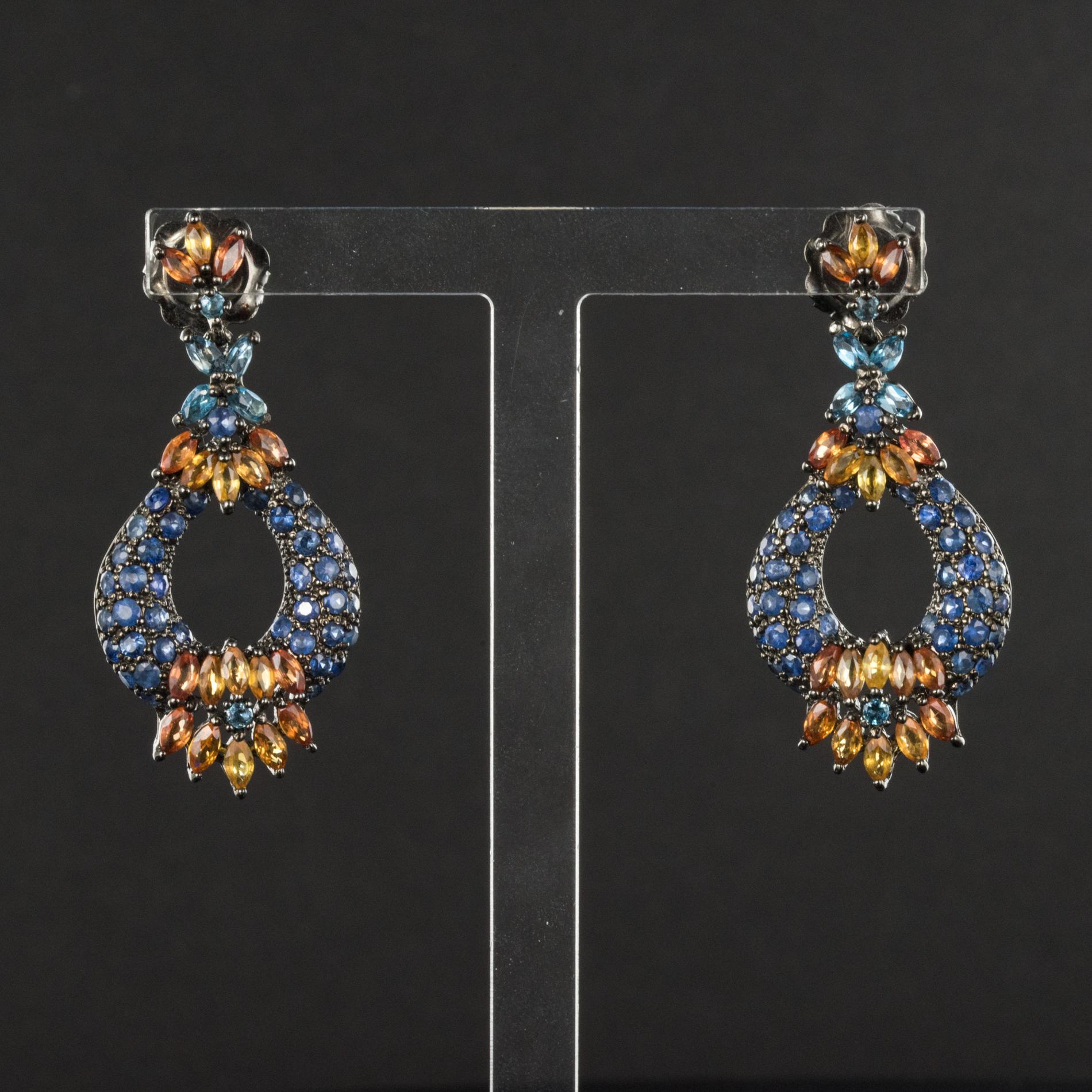 Modern 7.50 Carat Orange and Blue Sapphire Topaz Silver Dangle Earrings 1