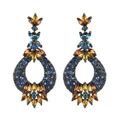 Modern 7.50 Carat Orange and Blue Sapphire Topaz Silver Dangle Earrings