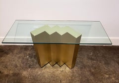 Modern 1980s Console Table with Gold Metal Zig Zag Base, Glass Top