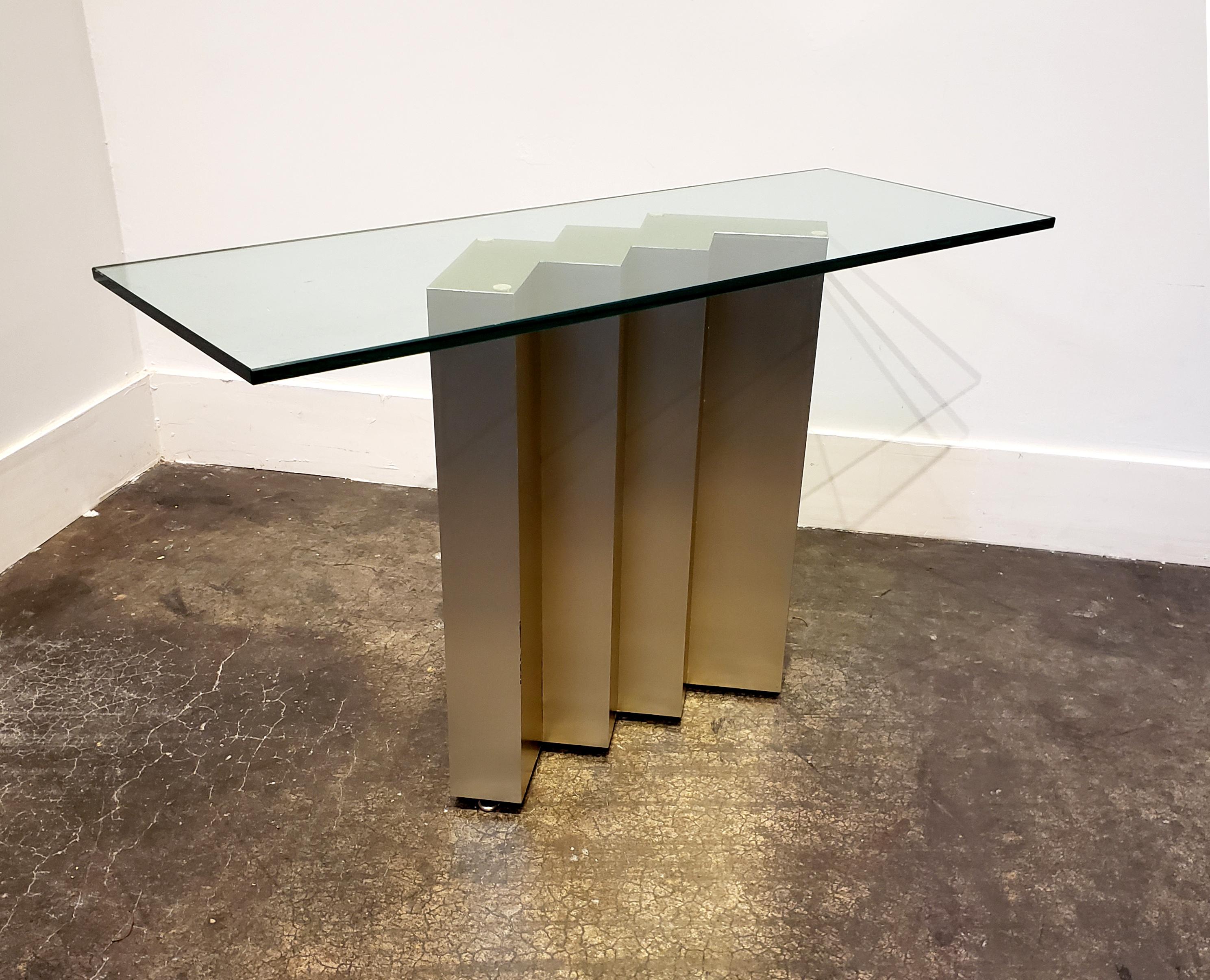 American Modern 1980s Console Table with Gold Metal Zig Zag Base, Glass Top For Sale