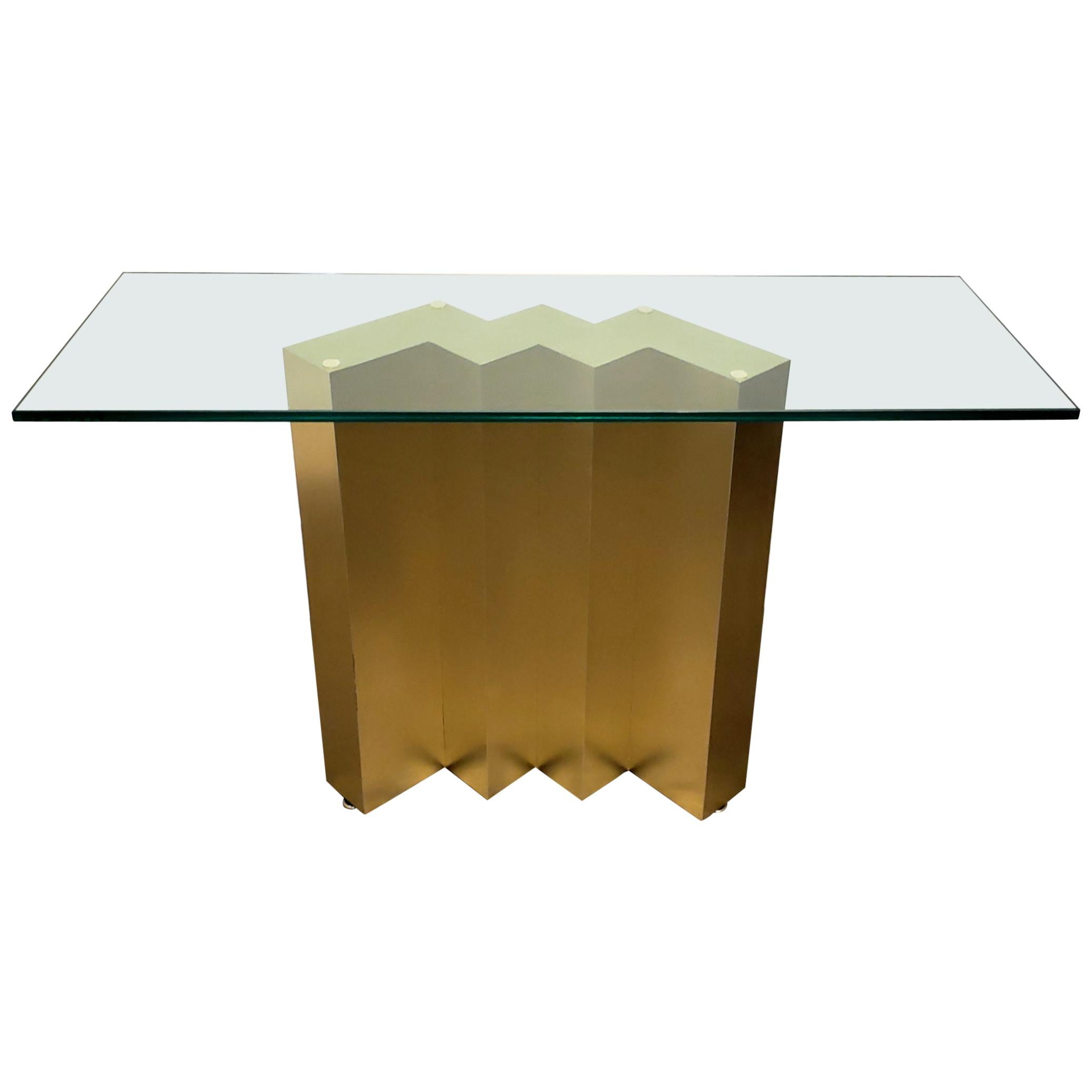 Modern 1980s Console Table with Gold Metal Zig Zag Base, Glass Top For Sale