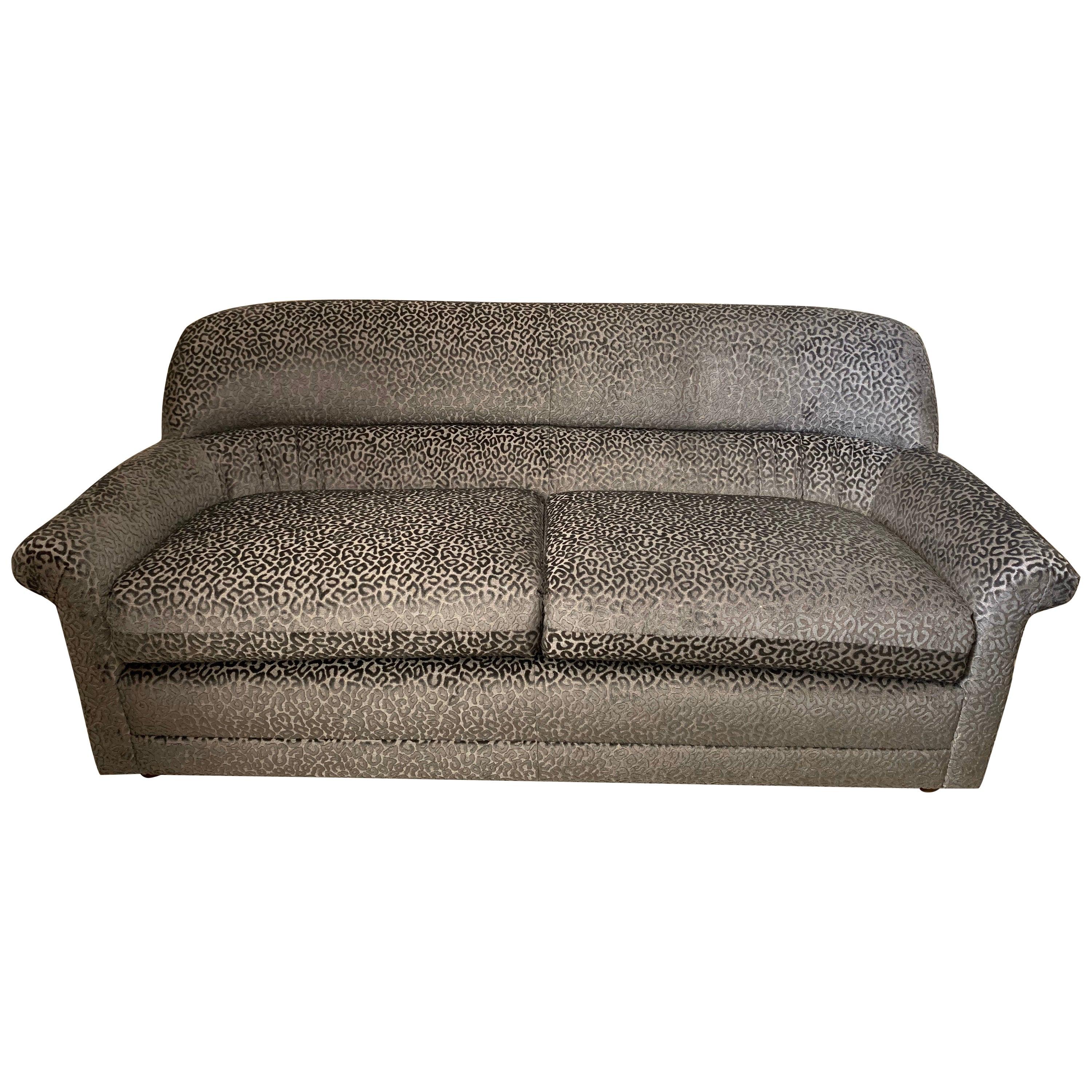Modern 80s Sculptural Sofa in New Silver Grey Metallic Leopard Jacquard Fabric