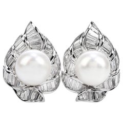 Modern 8.10 Carat Diamond South Sea Pearl Platinum Floral Clip-On Earrings