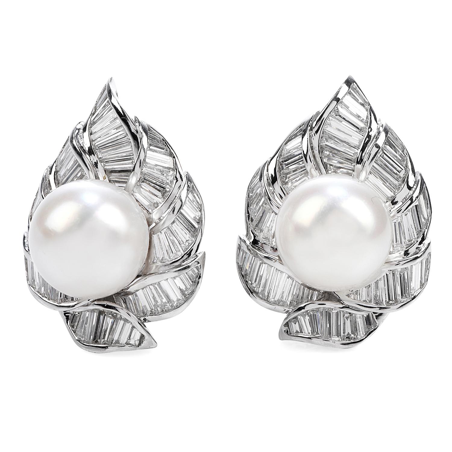 Timeless Elegance and Shinning from every side!

Crafted in Platinum, these Clip On Floral Inspired Earrings are perfect for a Special occasion, 

These spectacular pieces have a 15 mm South Sea Pearl, High Luster, barely any blemishes and Silver
