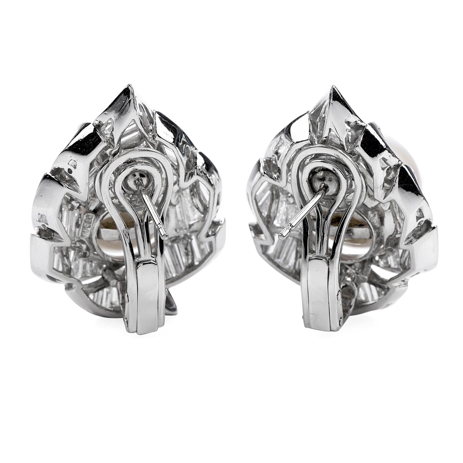 Baguette Cut Modern 8.10 Carat Diamond South Sea Pearl Platinum Floral Clip-On Earrings