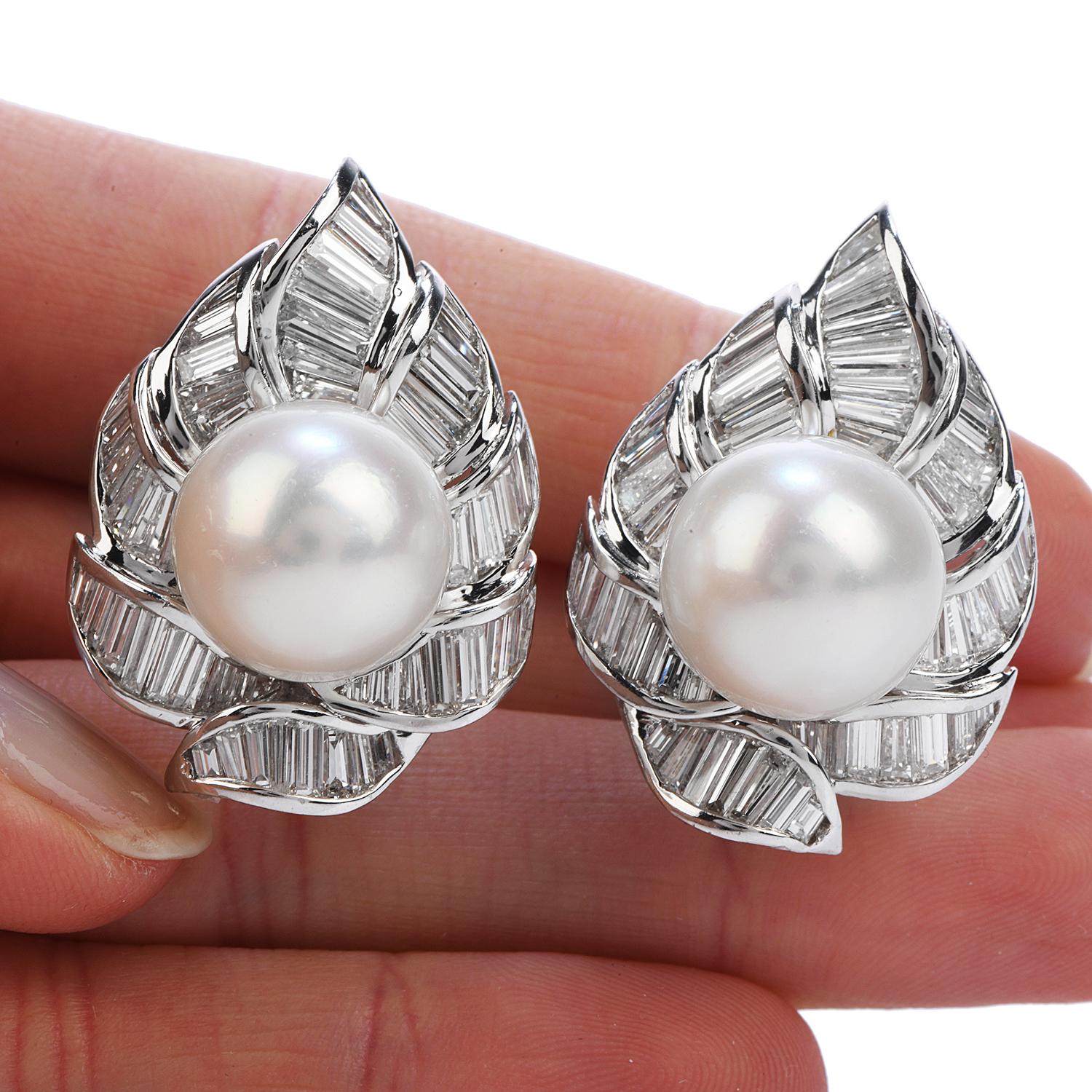 Women's Modern 8.10 Carat Diamond South Sea Pearl Platinum Floral Clip-On Earrings