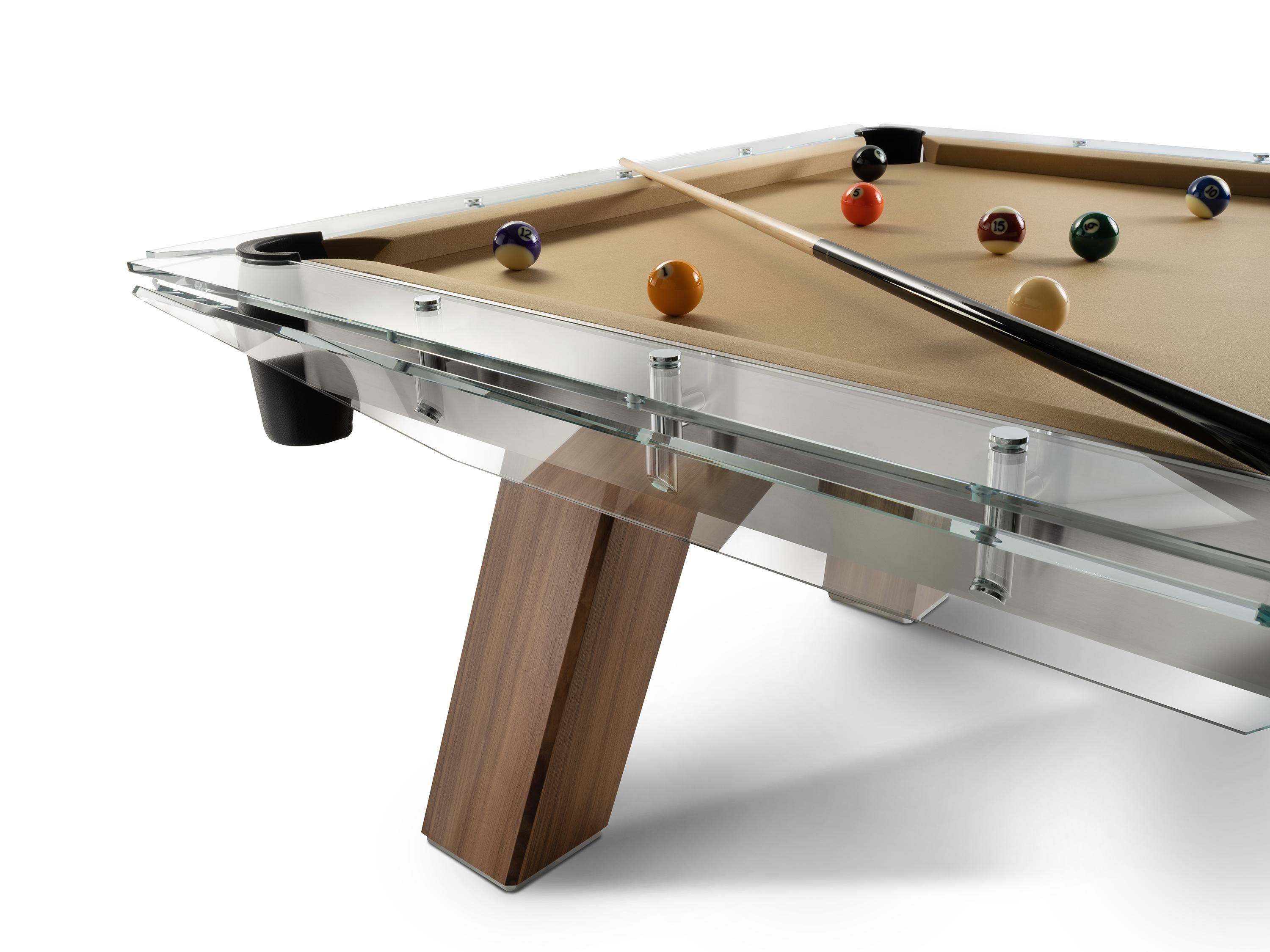 Italian Modern 8ft Pool Table with Walnut Legs and Glass Top Frame by Impatia For Sale