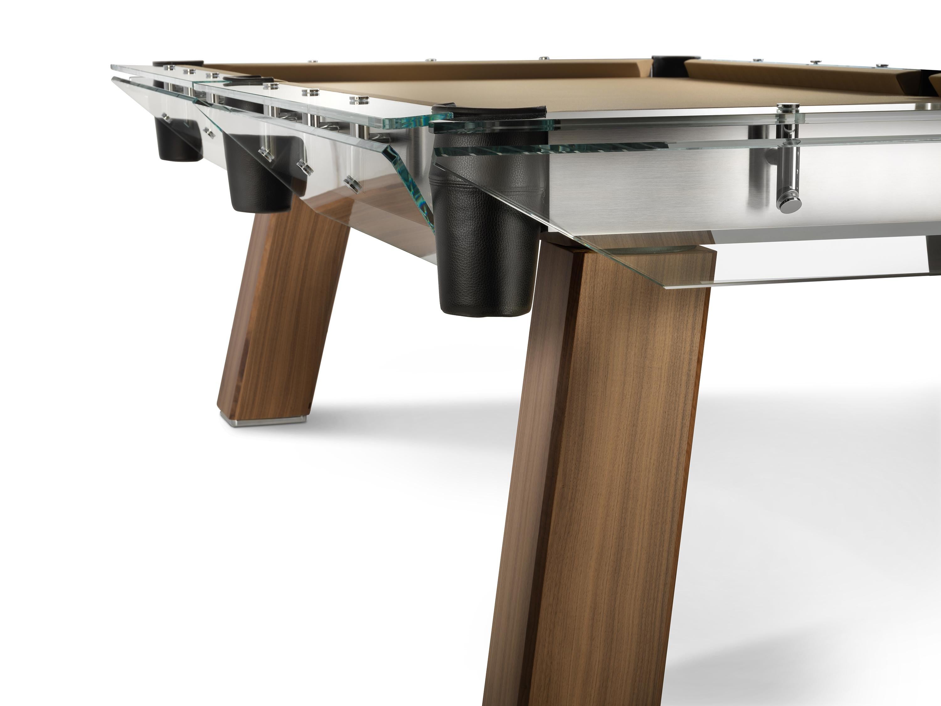 Woven Modern 8ft Pool Table with Walnut Legs and Glass Top Frame by Impatia For Sale