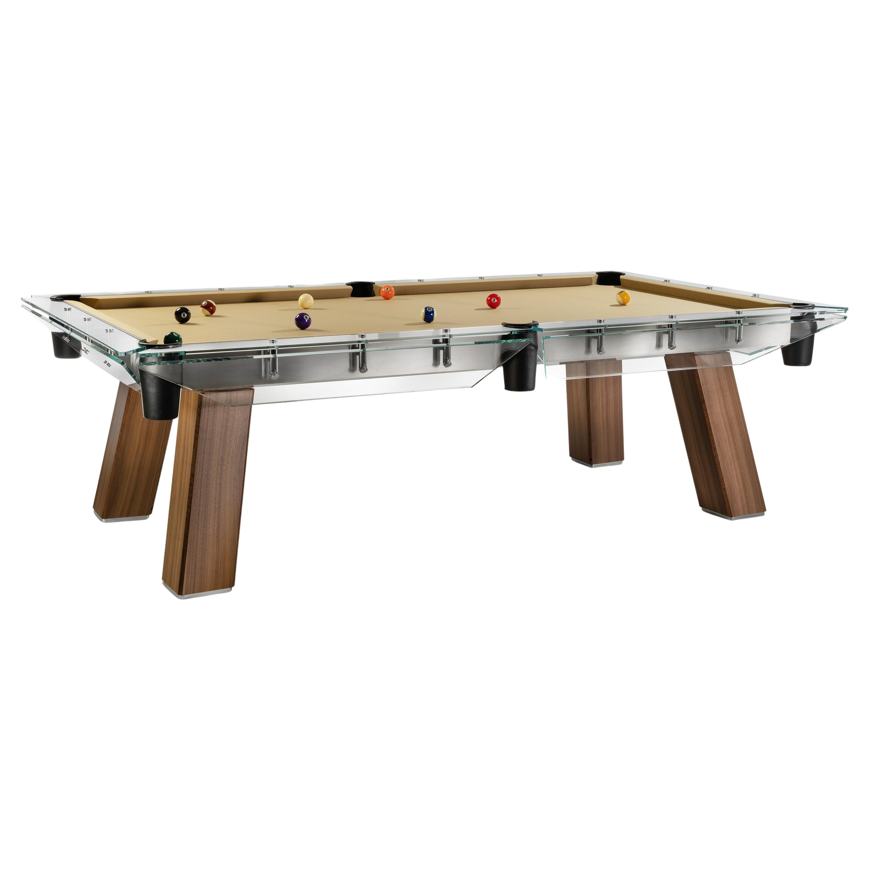 Modern 8ft Pool Table with Walnut Legs and Glass Top Frame by Impatia For Sale