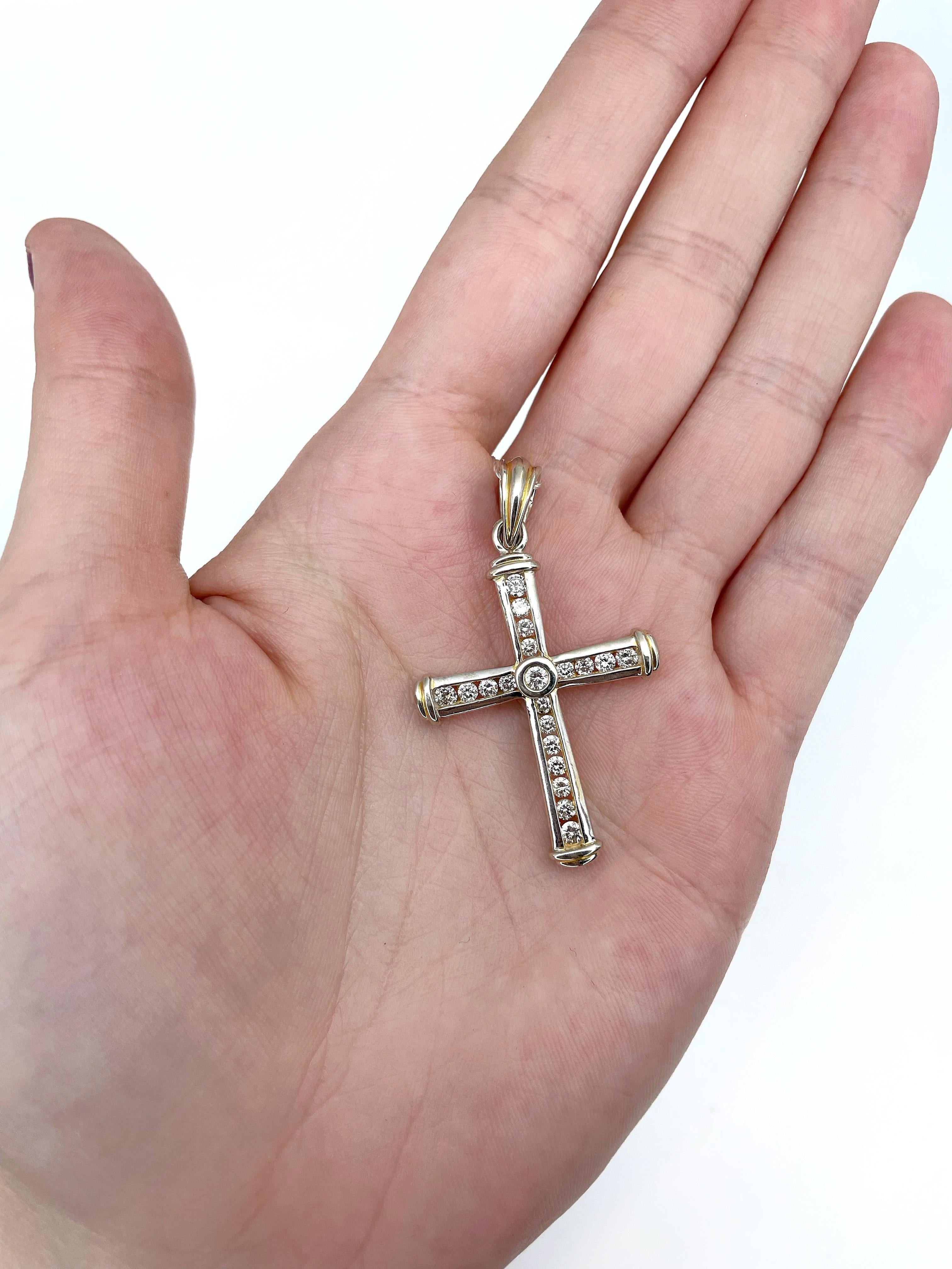 This is a classic design cross pendant crafted in 9K gold. It features 20 pcs. brilliant cut diamonds: TW 1.00ct, STW-Tinted W, SI-P2.
 
Circa 1970

Weight: 6.10g
Size: 5x2.8cm

———

If you have any questions, please feel free to ask. We describe