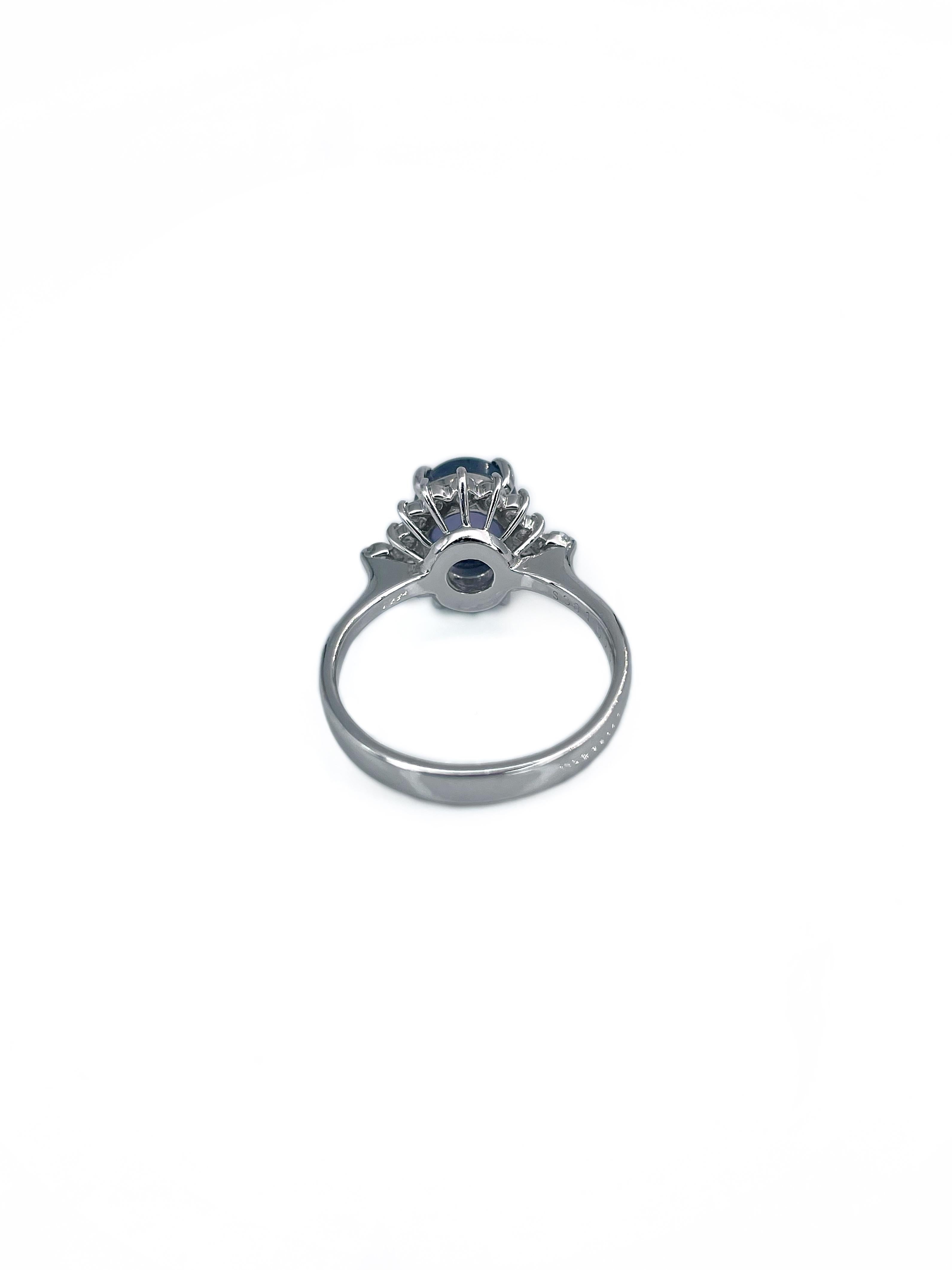 Modern 900 Platinum 2.30 Carat Violet Sapphire 0.35 Carat Diamond Cluster Ring In Good Condition For Sale In Vilnius, LT