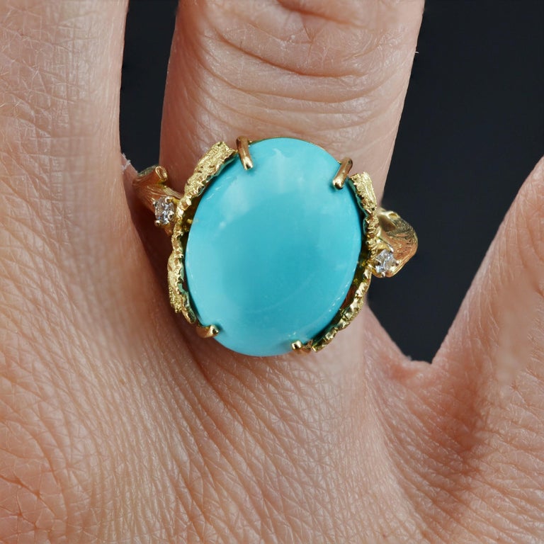 Bague Or Jaune 18 Carats Sertie D'une Turquoise - Taille 53,5 - Occasion Très Bon état